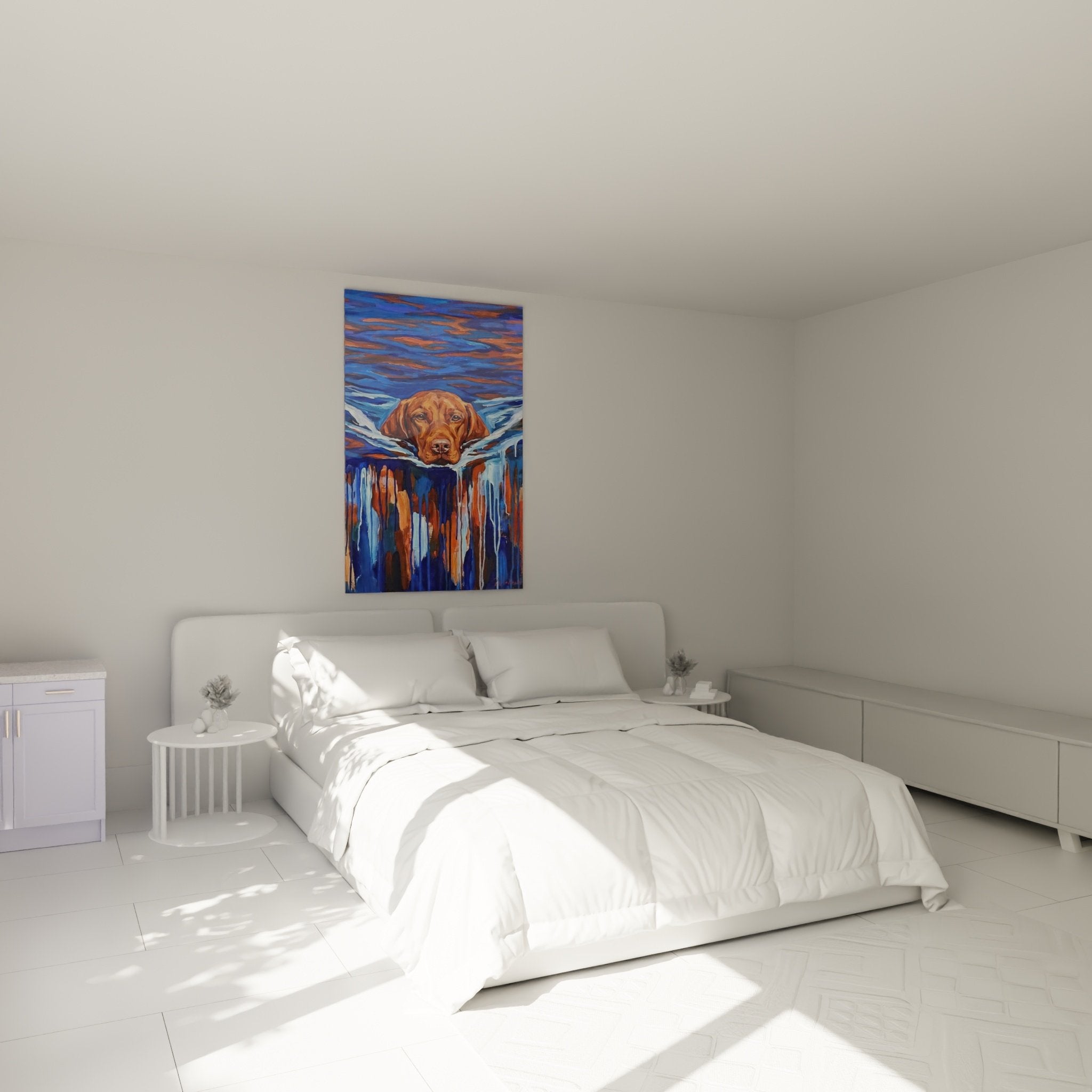 Decoration murale chien Vizsla aquatique tons bleus chambre moderne elegante