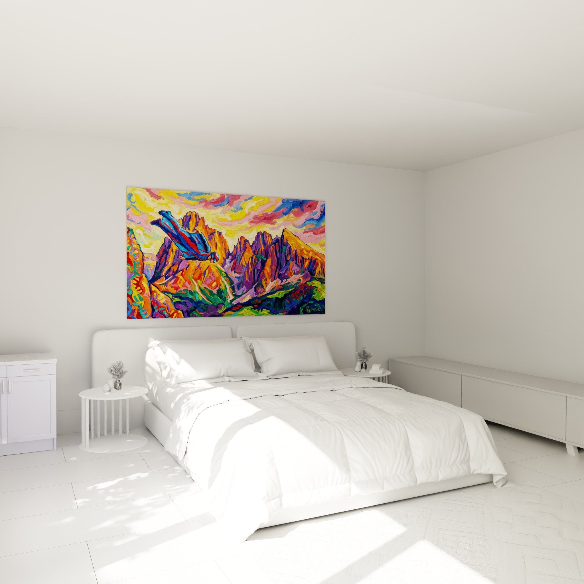 Wanddekoration Wingsuit bunte Berge im modernen Schlafzimmer Abenteueratmosphäre zeitgenössische Kunst