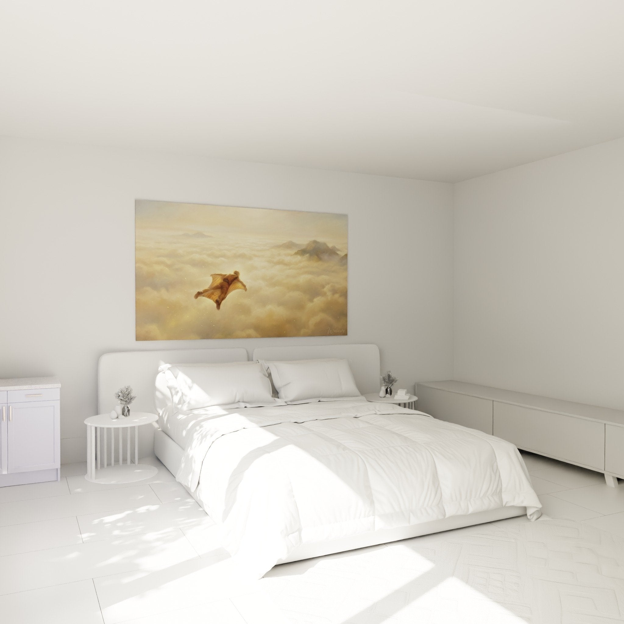 Decoration murale wingsuit dans chambre moderne avec vol aerien dans nuages dores et lumiere chaleureuse