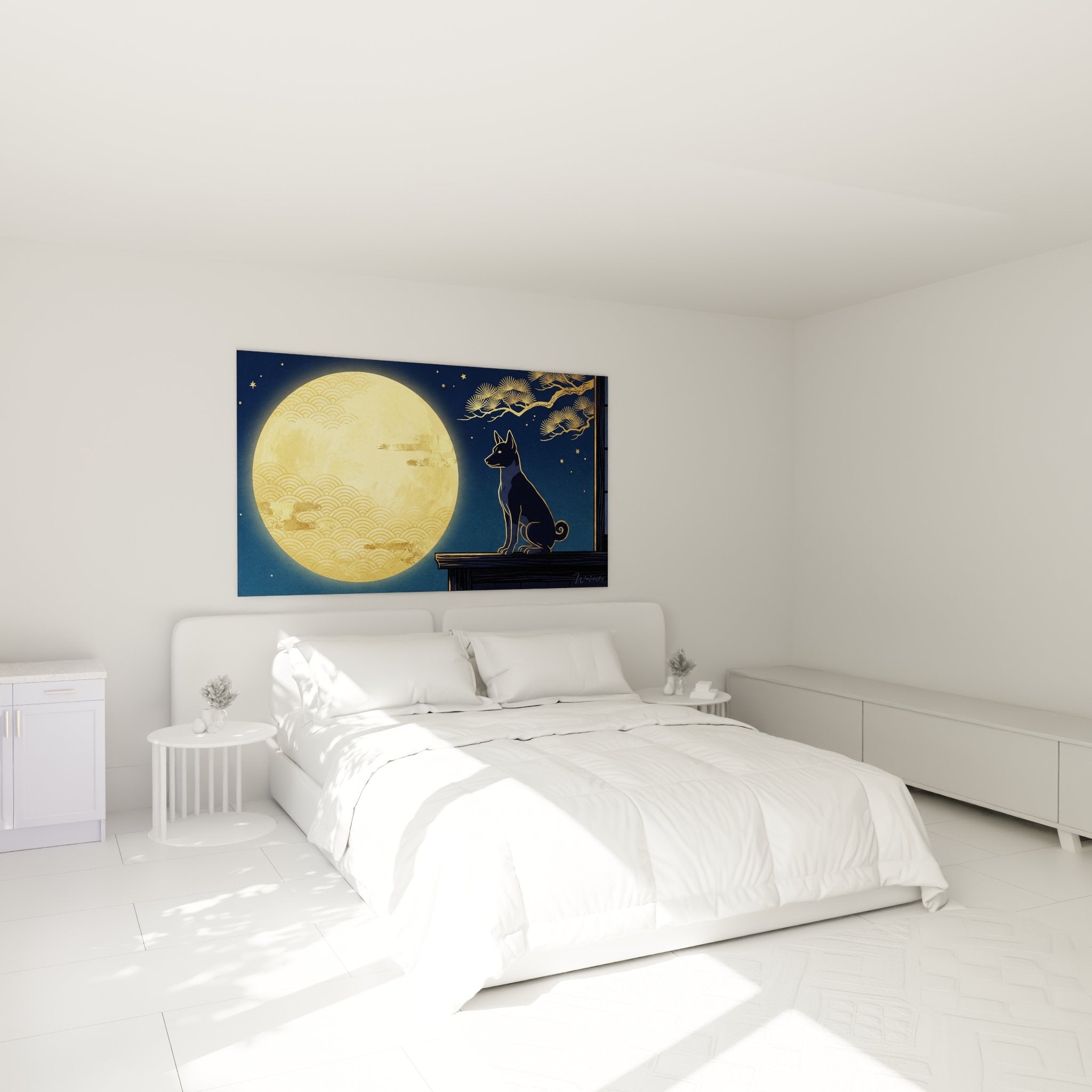 basenji wall decoration golden moon bedroom nocturnal ambiance zen japanese-inspired art blue gold