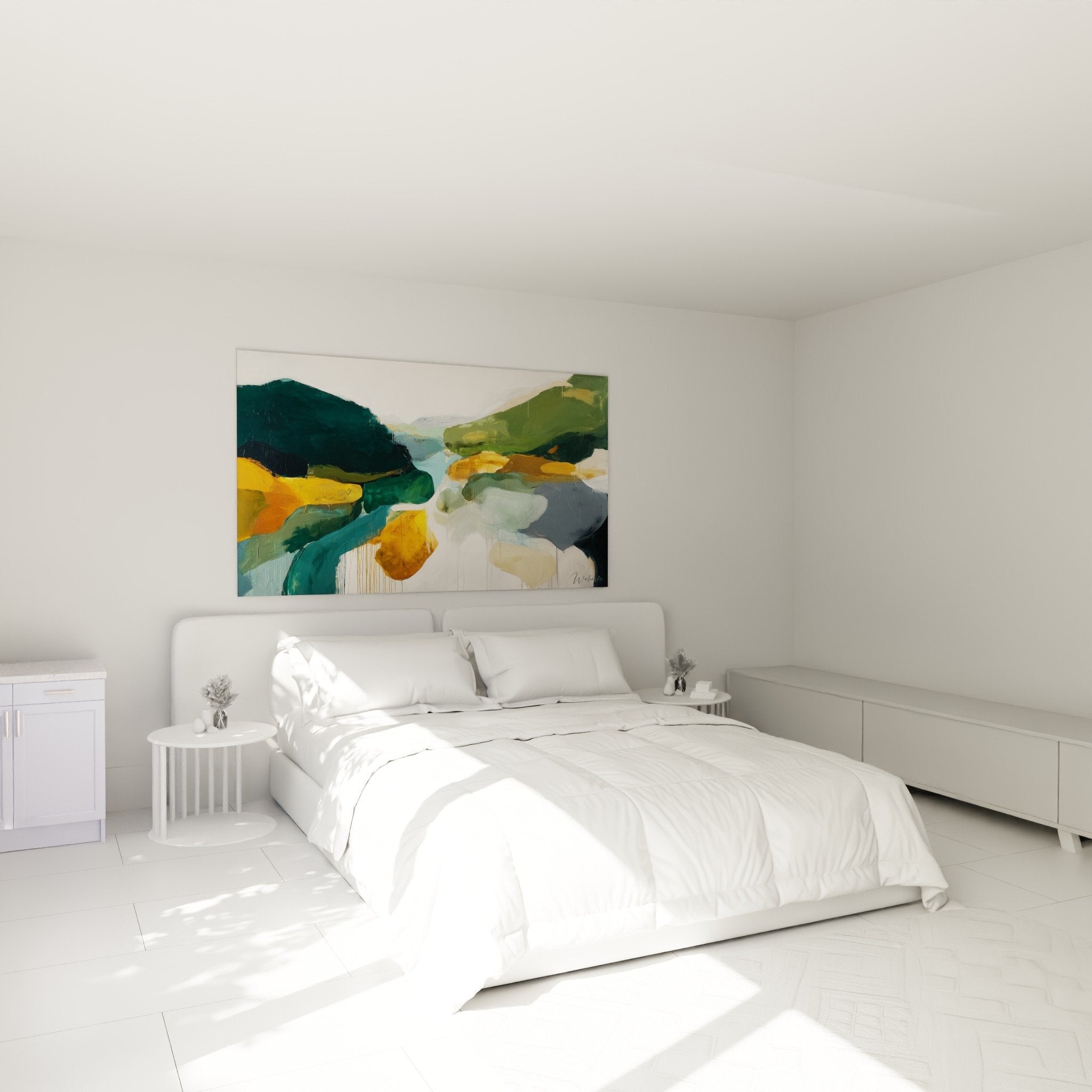Decoration chambre tableau abstrait vert ocre ambiance zen naturelle feng shui est bois