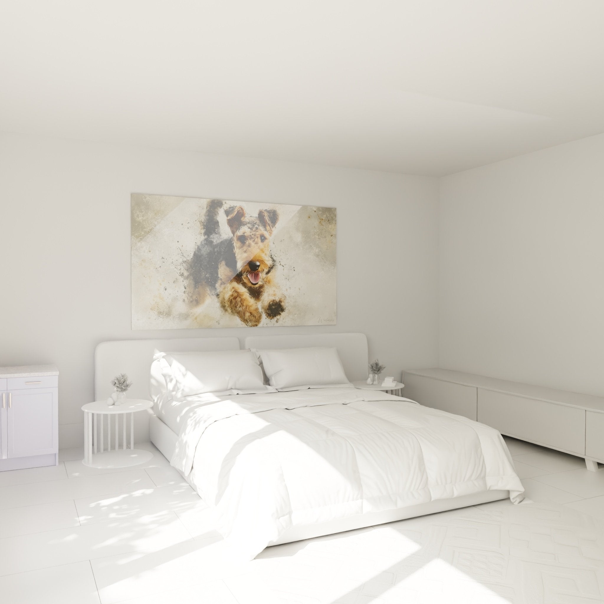 Hundetableau Terrier Schlafzimmer Wanddekoration Hundekunst Airedale Aquarell-Effekte warme Atmosphäre