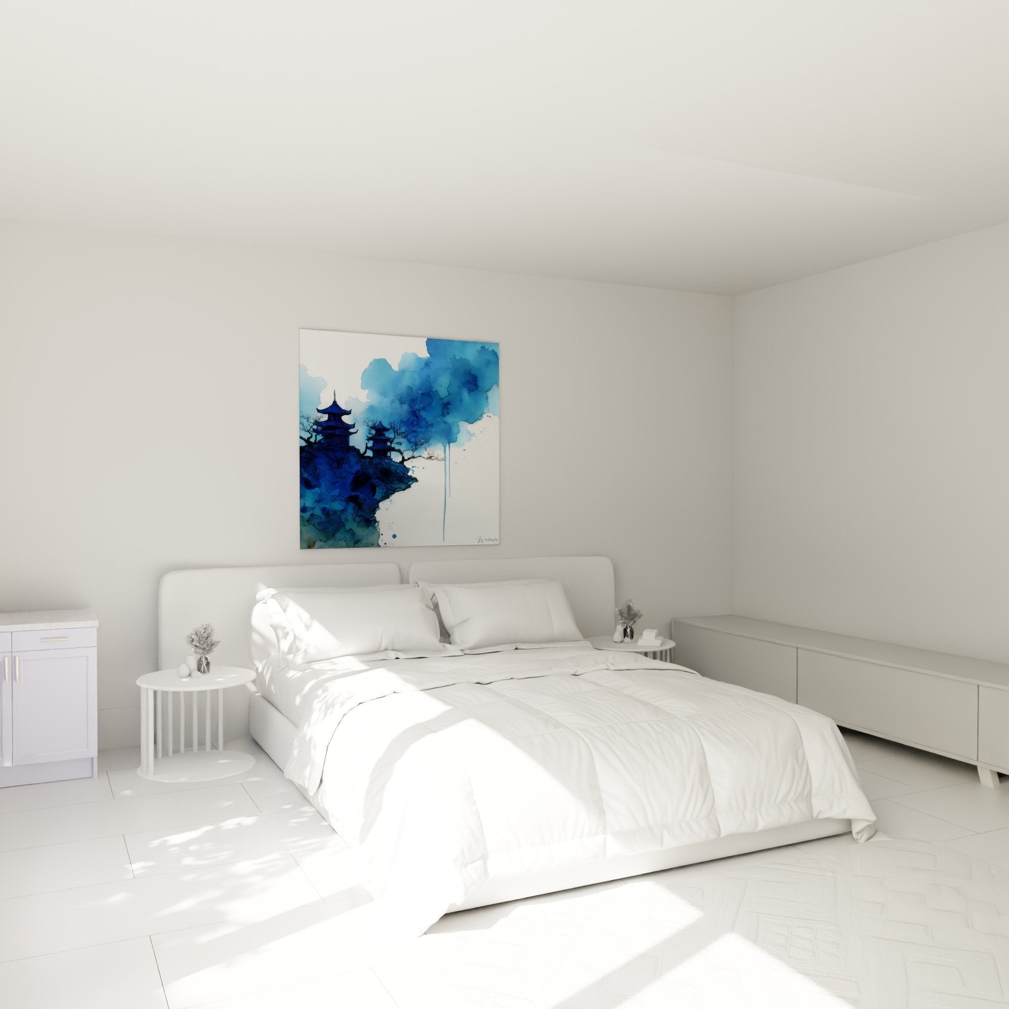 decoration chambre tableau aquarelle bleue temples orientaux ambiance zen relaxation