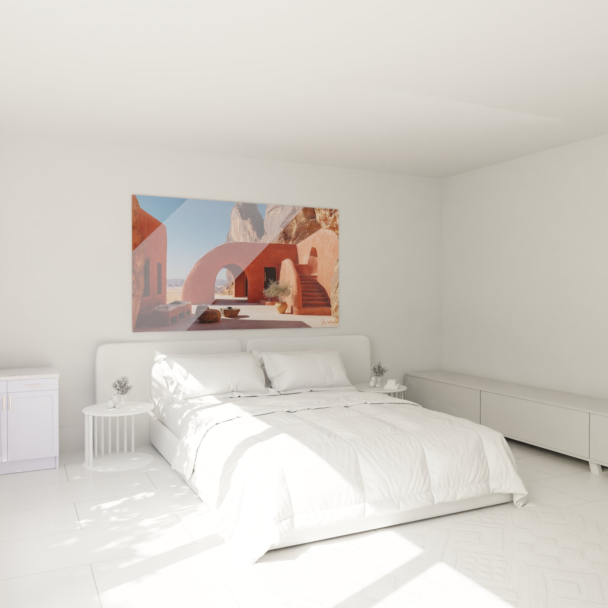 Décoration chambre tableau architecture désertique tons ocre rouge ambiance moderne épurée