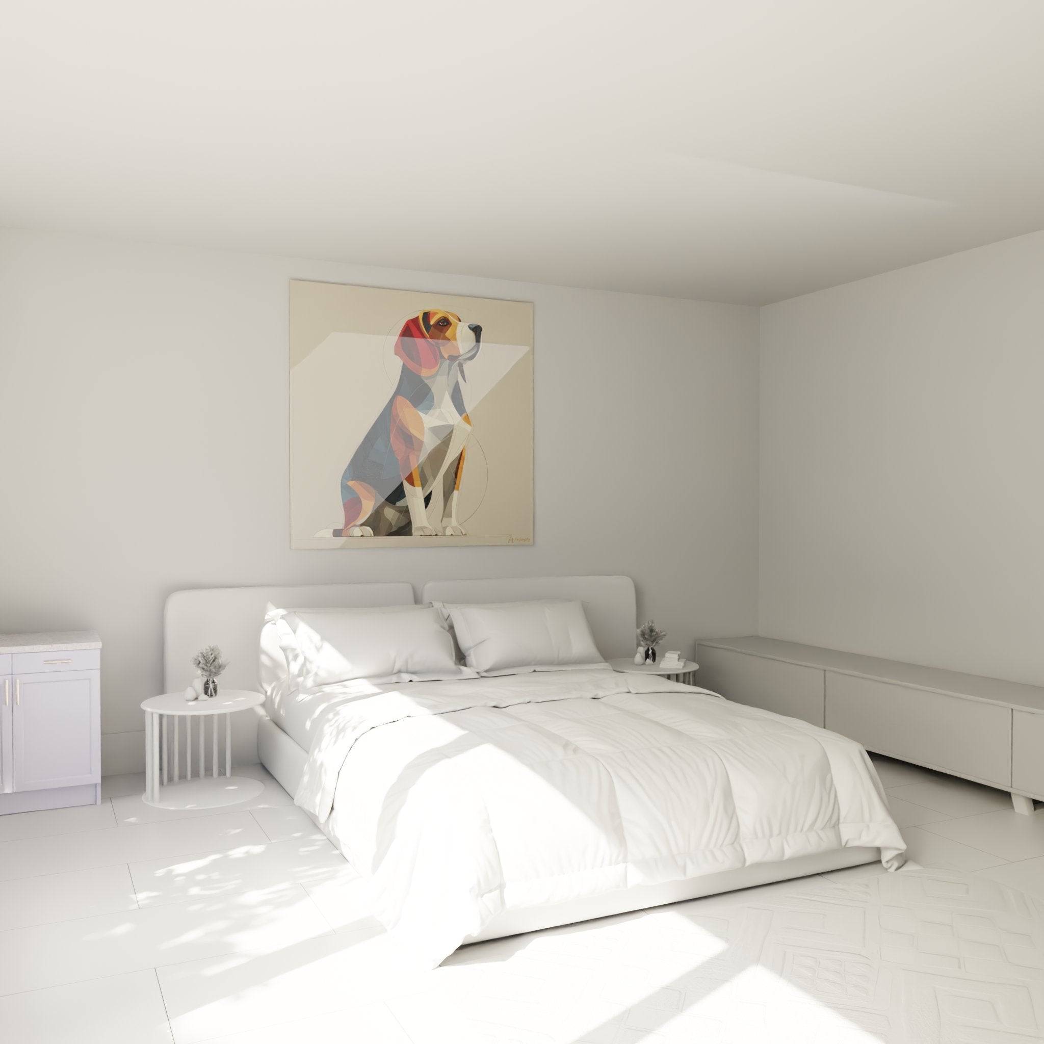 Schlafzimmer-Dekoration Beagle-Gemälde geometrisches modernes Design weiße Wand Hundekunst zeitgenössisch