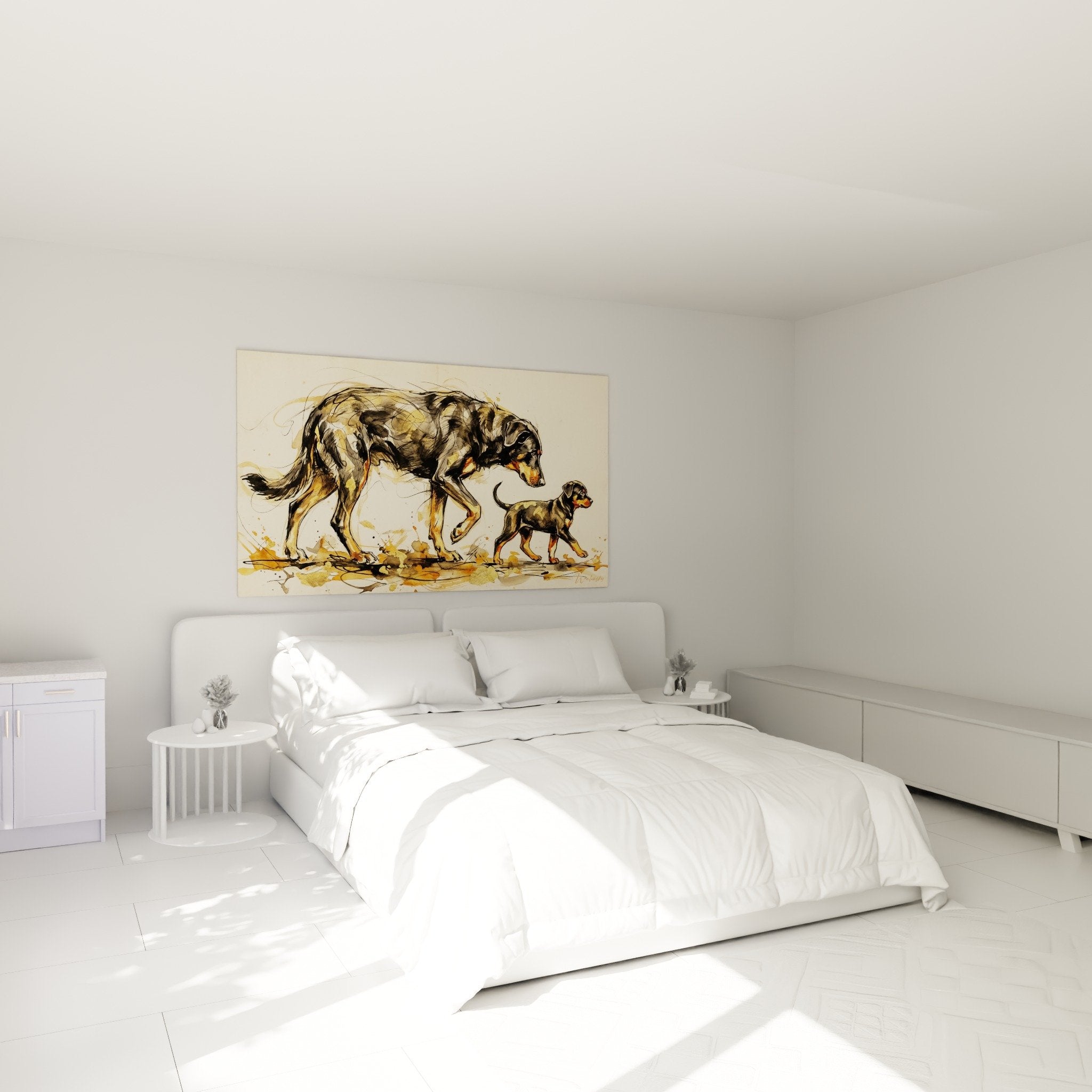 Wanddekoration Schlafzimmer mit Beauceron und Welpen, Hundekunst in warmen und natürlichen Farben