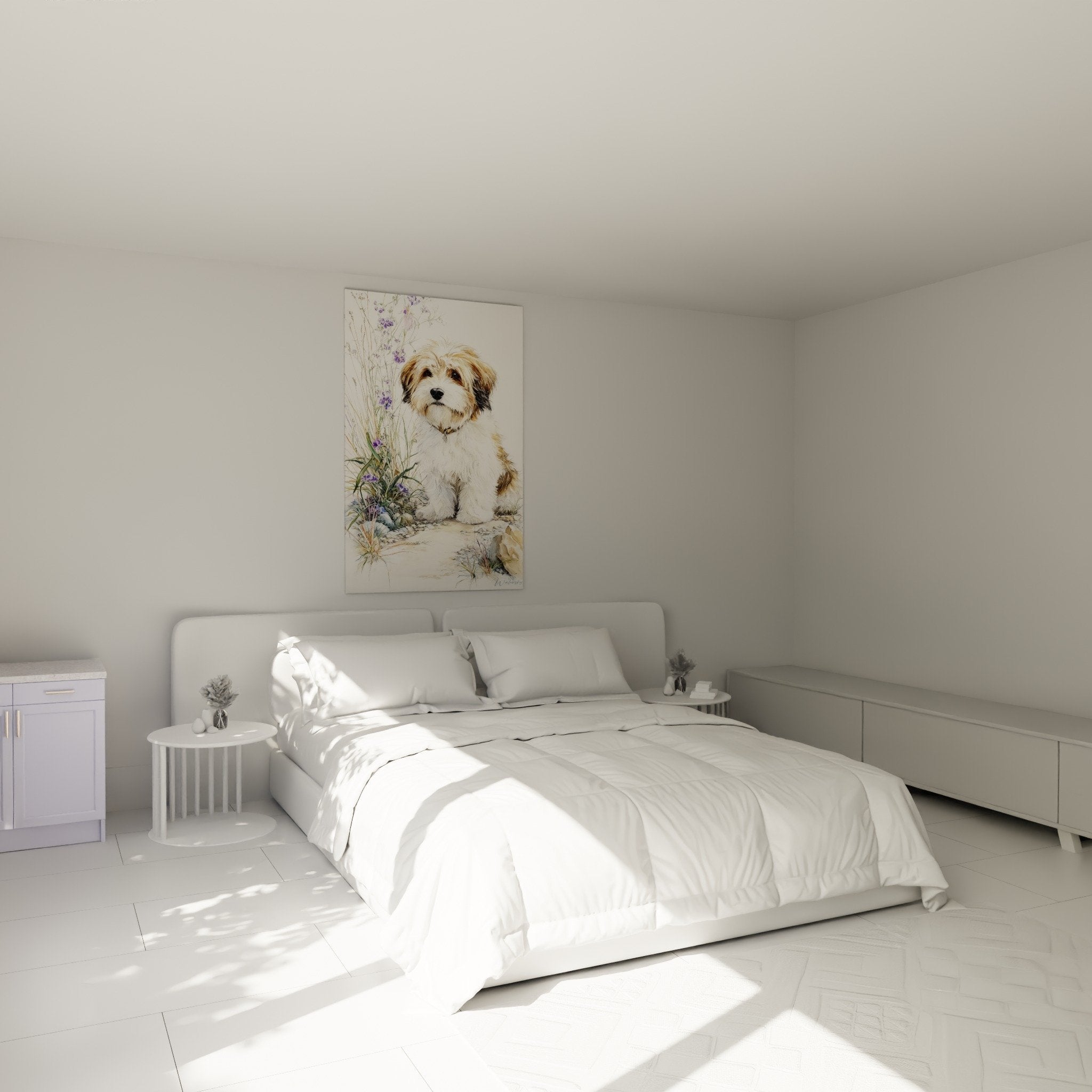 Décoration chambre avec tableau Bichon Havanais aux fleurs violettes, ambiance douce et naturelle