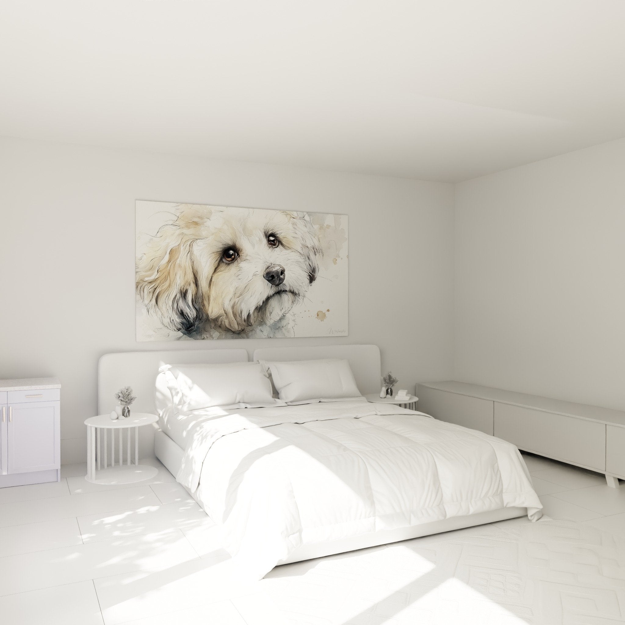 Tableau Bichon Havanais tons beiges dans chambre moderne decoration murale art canin