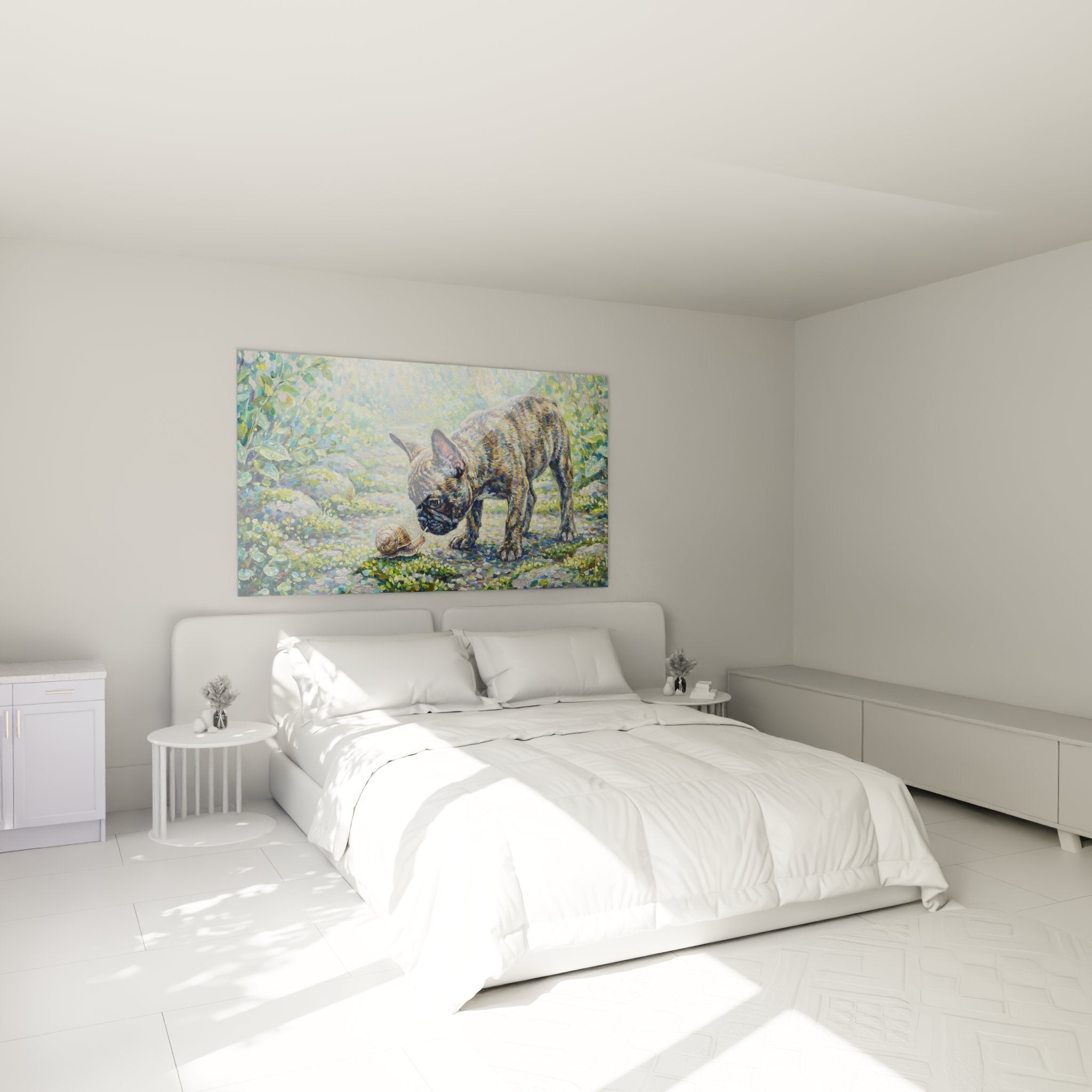 Schlafzimmer-Dekoration Gemälde französische Bulldogge Garten Impressionismus sanfte natürliche beruhigende Atmosphäre