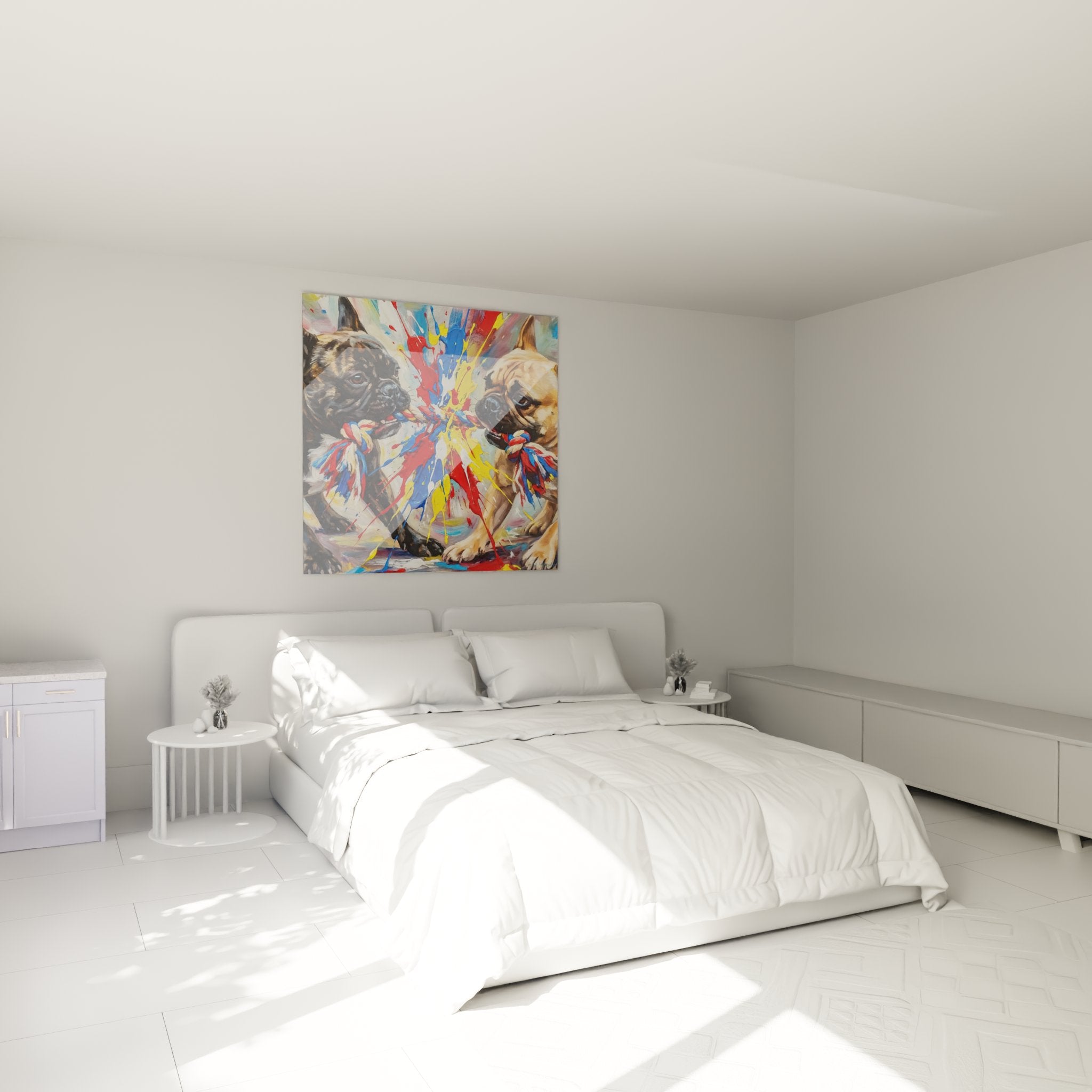 Gemälde französische Bulldoggen lebendige Farben Schlafzimmerdekoration weiße Wand modernes Ambiente