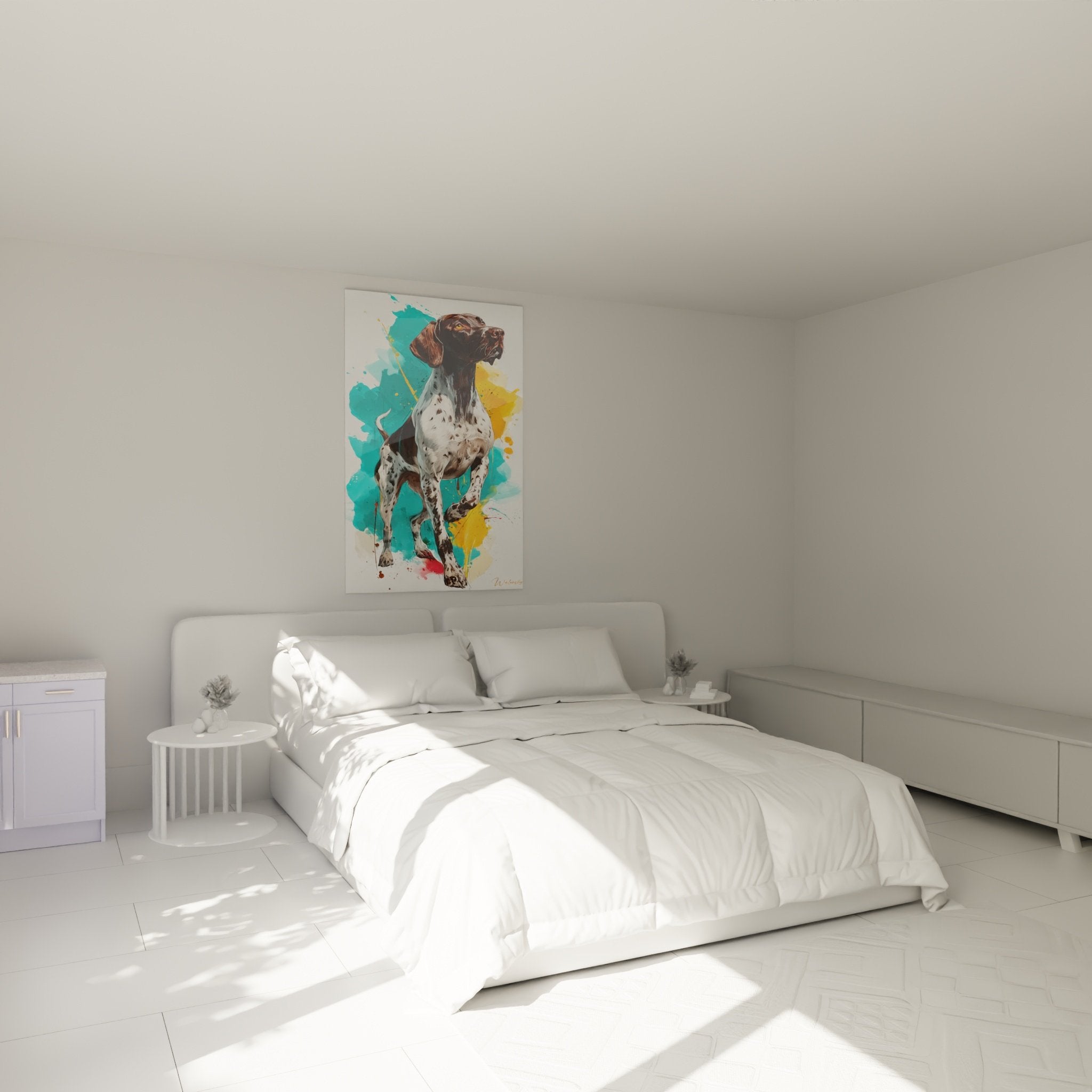 Décoration chambre avec tableau Braque Allemand aquarelle turquoise au-dessus du lit ambiance moderne élégante