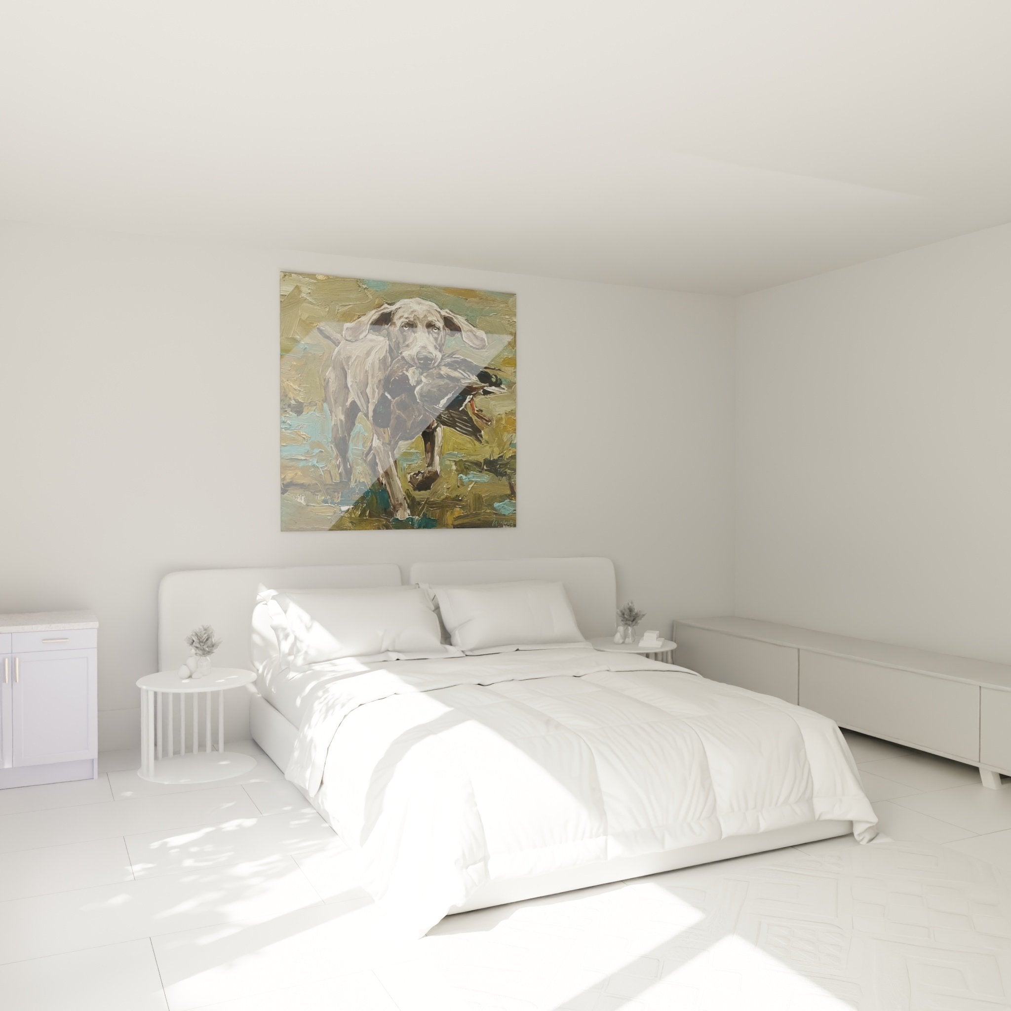 Jagdhund Weimaraner Gemälde dekoriert ein Schlafzimmer in natürlichen Tönen