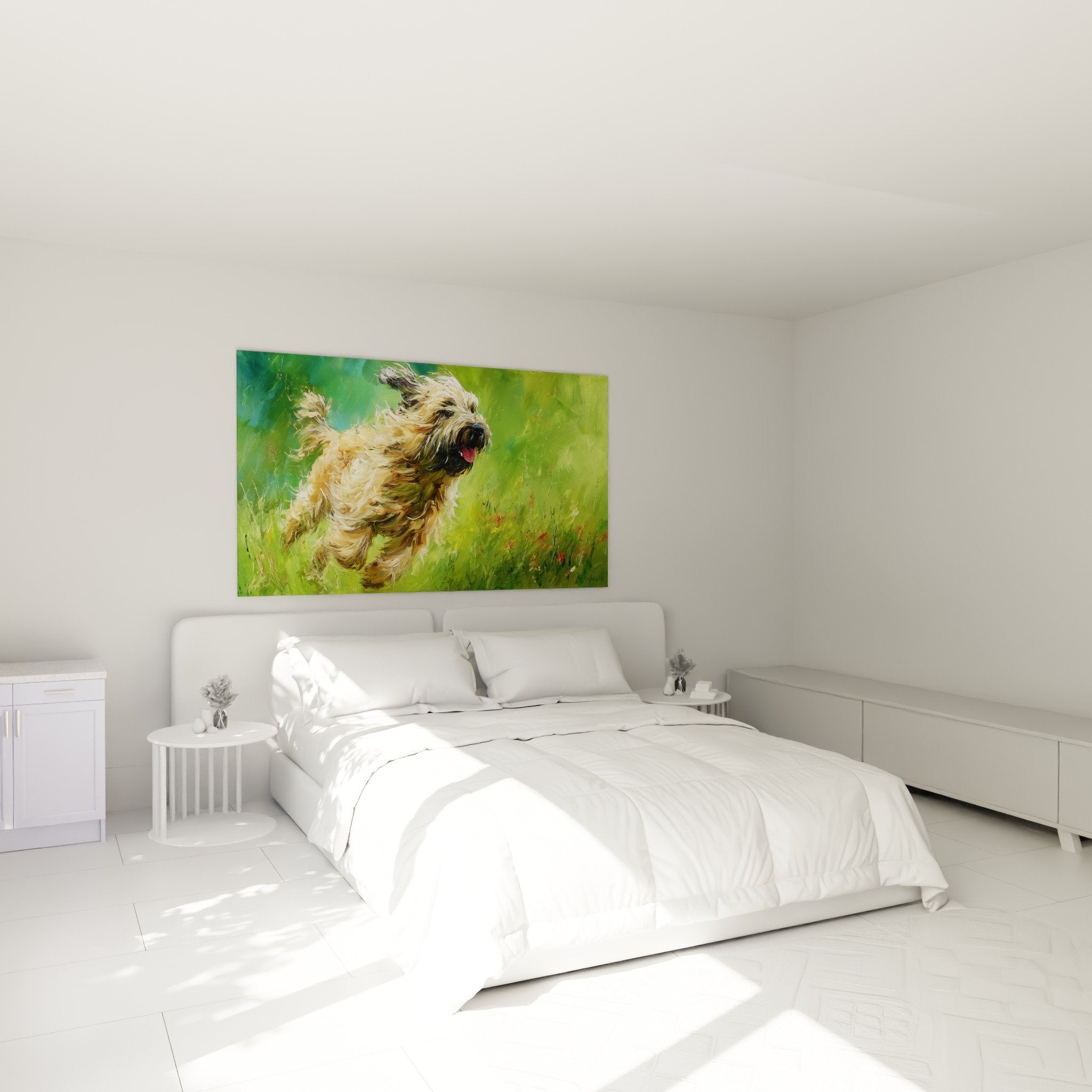 Décoration murale chambre avec tableau Briard courant - ambiance naturelle tons verts et dorés
