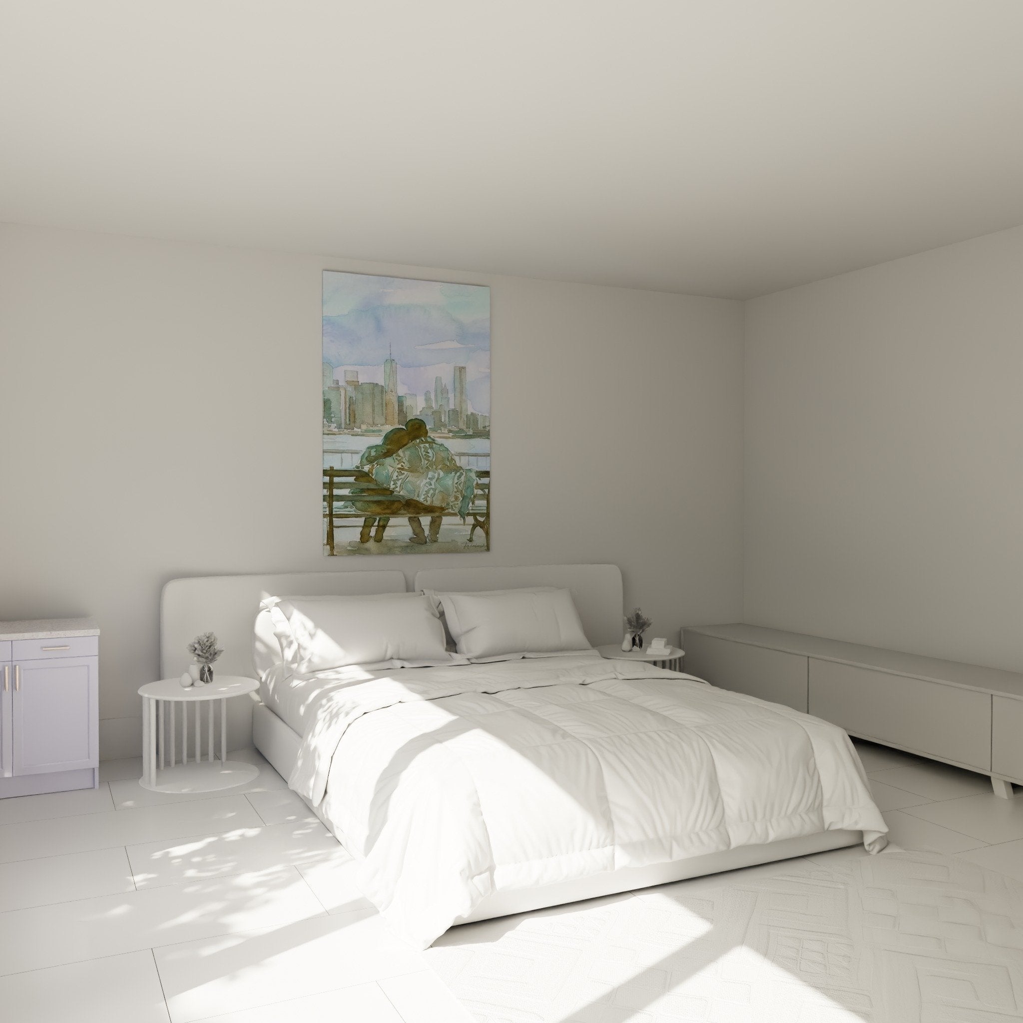 Tableau couple Brooklyn chambre decoration murale aquarelle romantique tons pastel