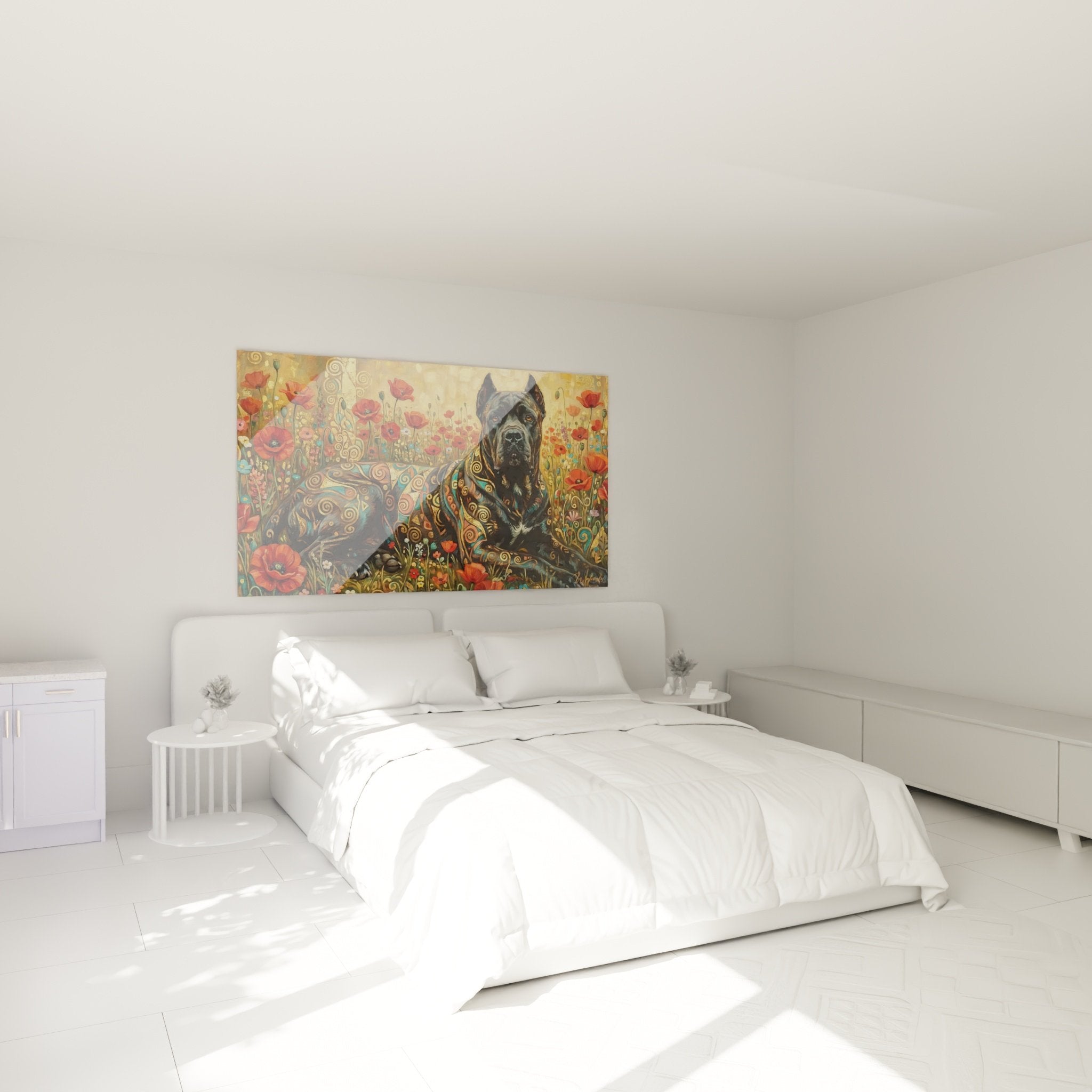 Décoration chambre avec tableau Cane Corso doré et coquelicots dans intérieur contemporain élégant
