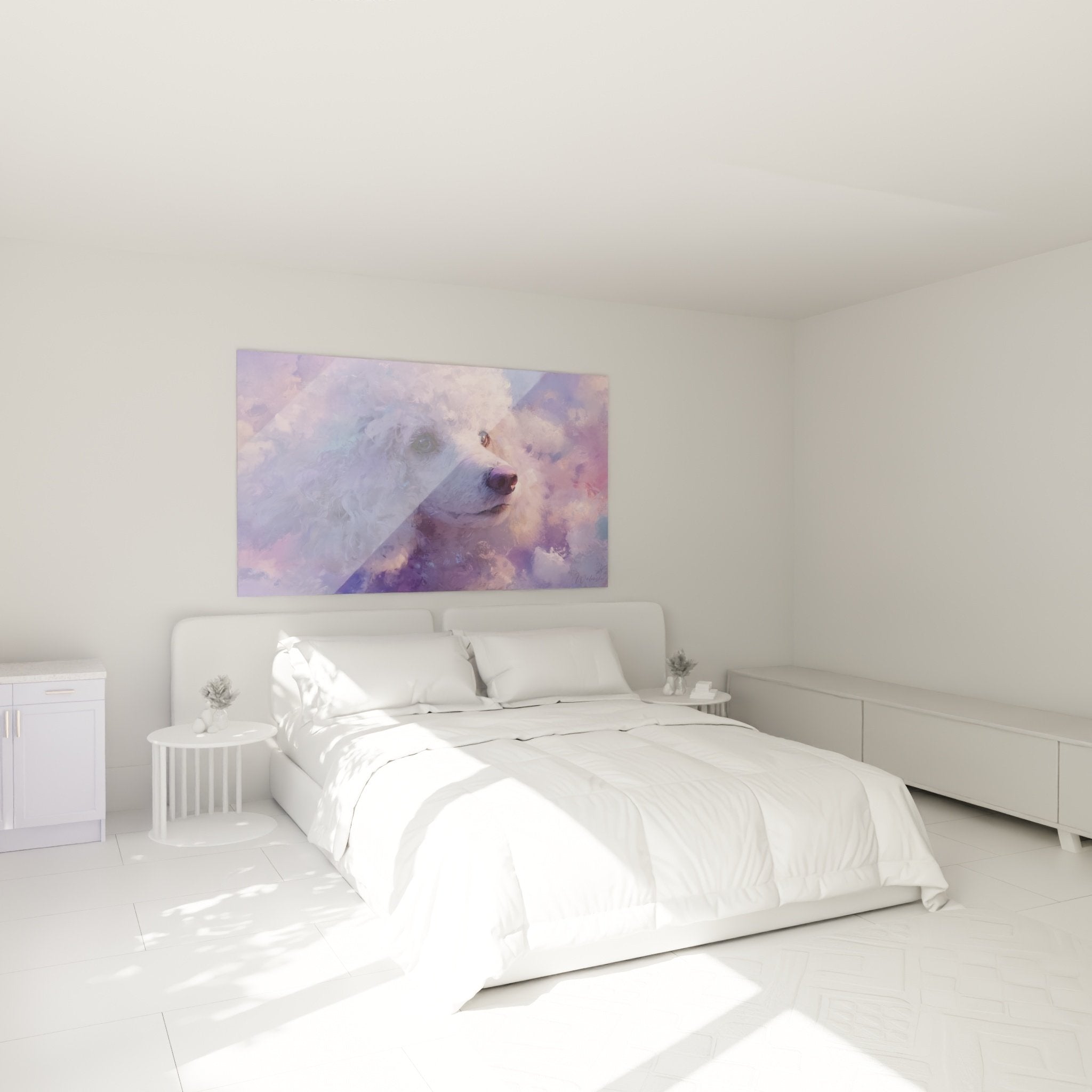 Tableau caniche pastel violet chambre decoration murale art animalier contemporain ambiance douce