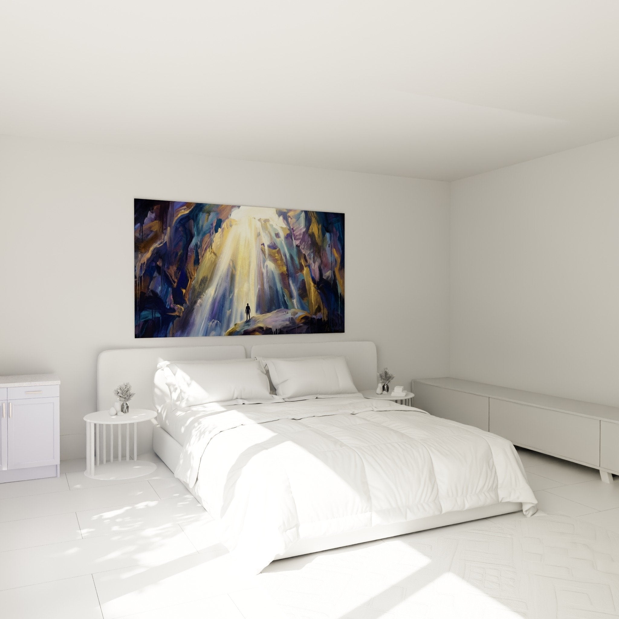 Tableau cascade doree silhouette contemplative chambre parentale decoration murale mystique tons bleus ors edition bali