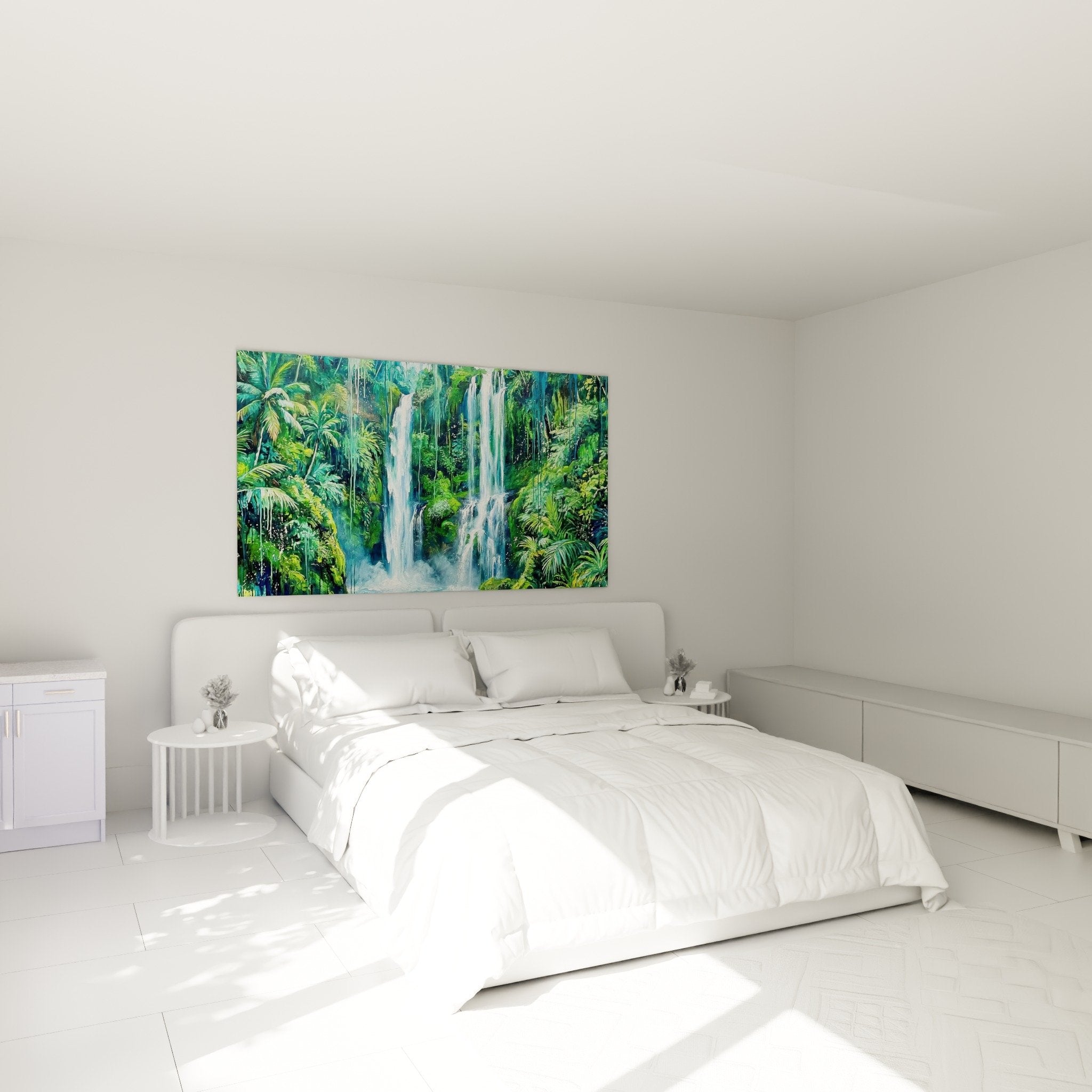 Decoration chambre avec tableau cascade tropicale aux tons turquoise et verts apaisants