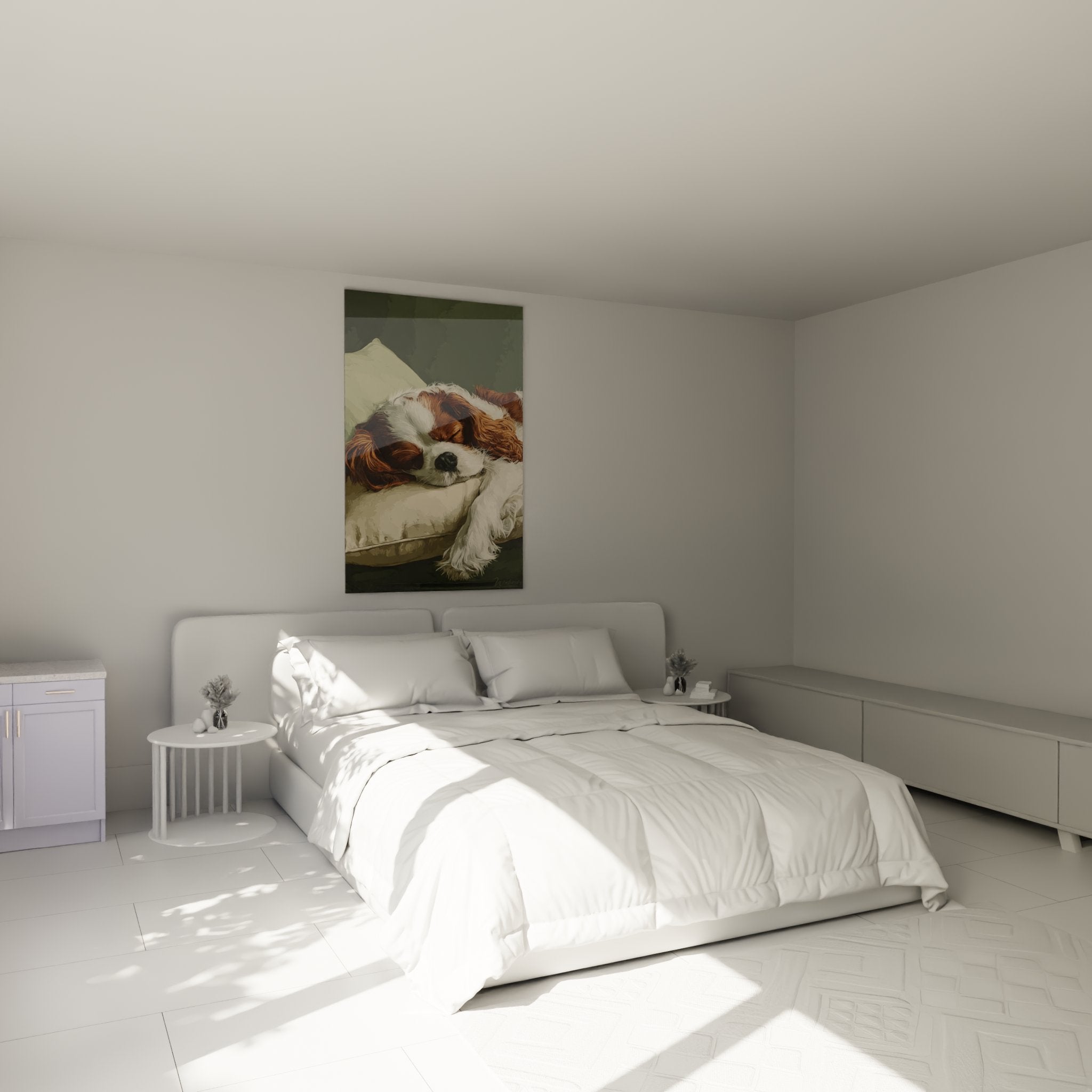 Décoration murale avec Cavalier King Charles paisible dans chambre aux tons neutres et apaisants