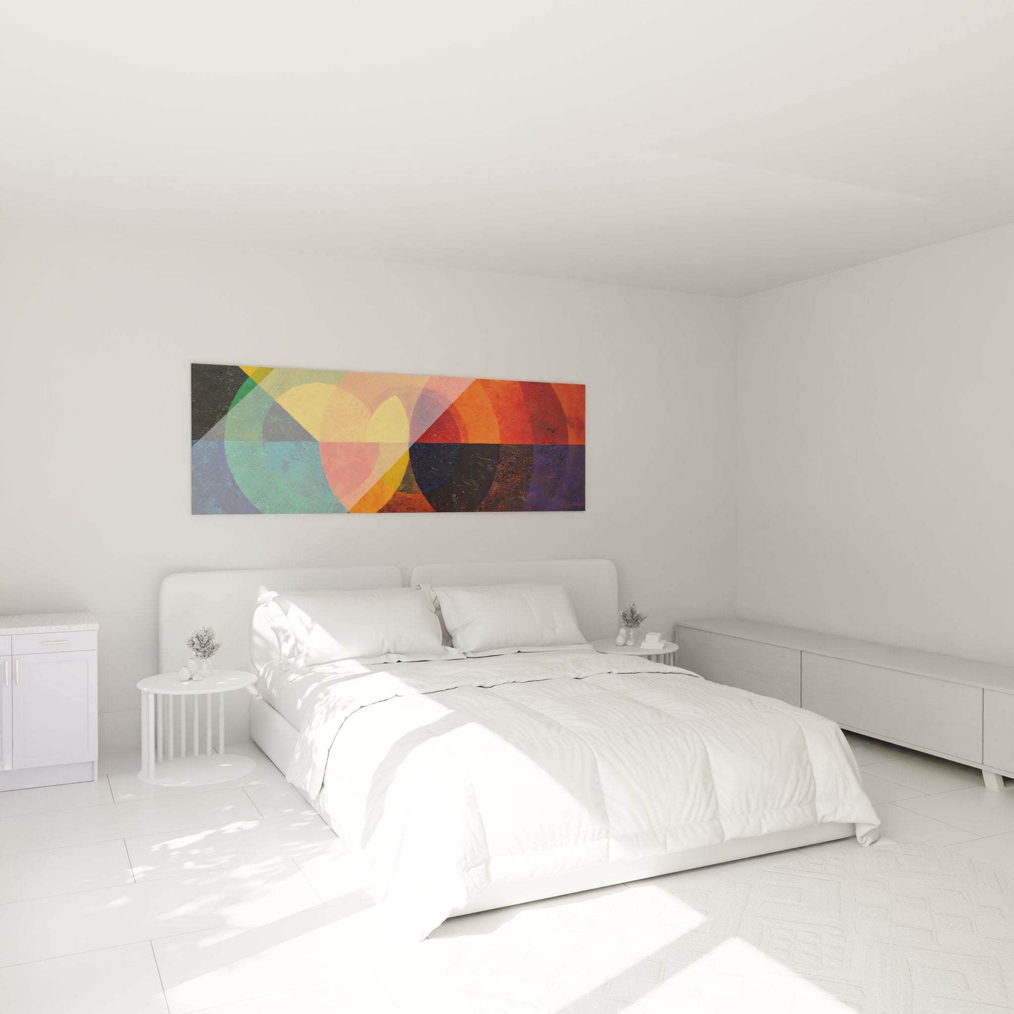 Décoration chambre tableau cercles géométriques colorés ambiance moderne design