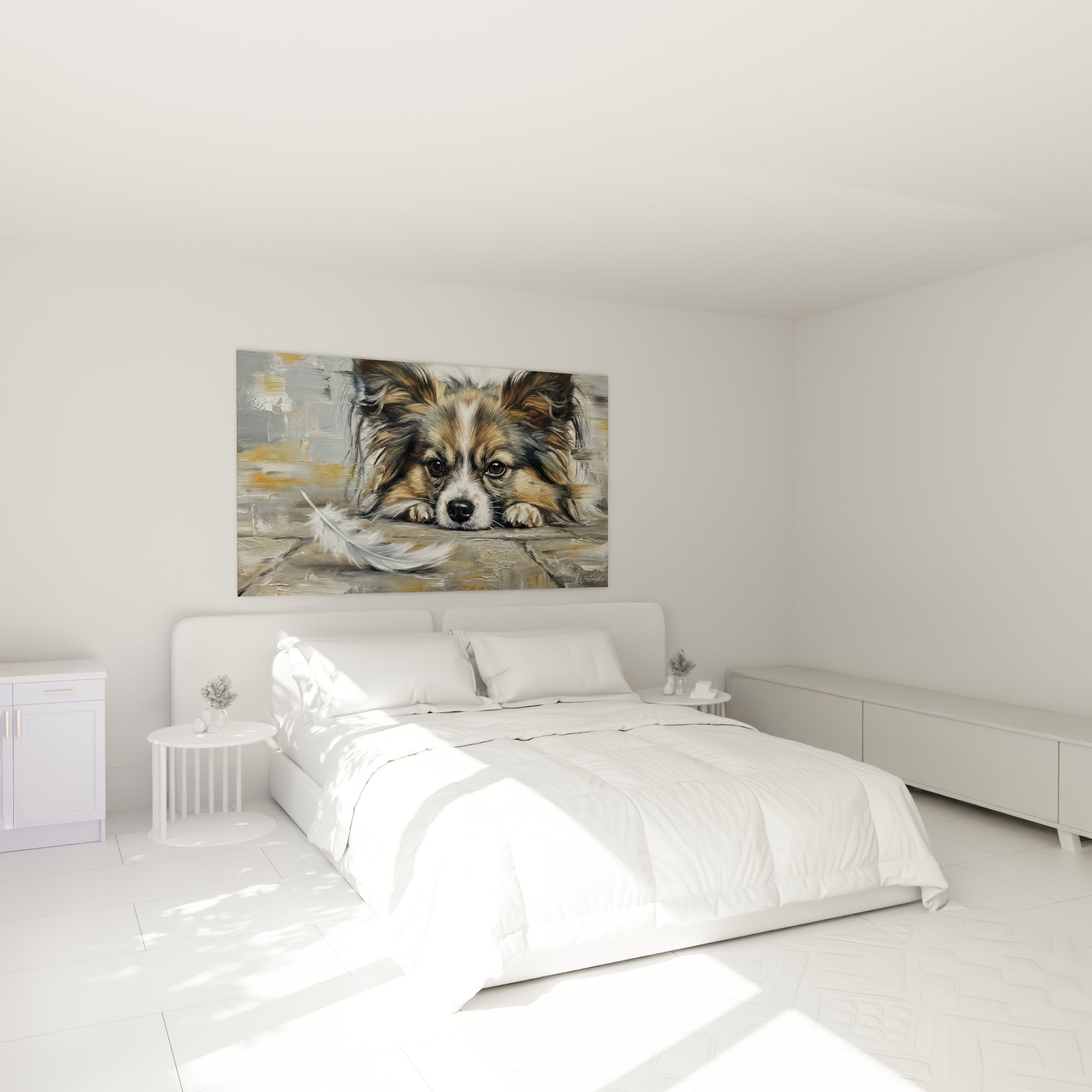 Bedroom decoration with butterfly dog wall art in soft colors, creating a calming and warm atmosphere
