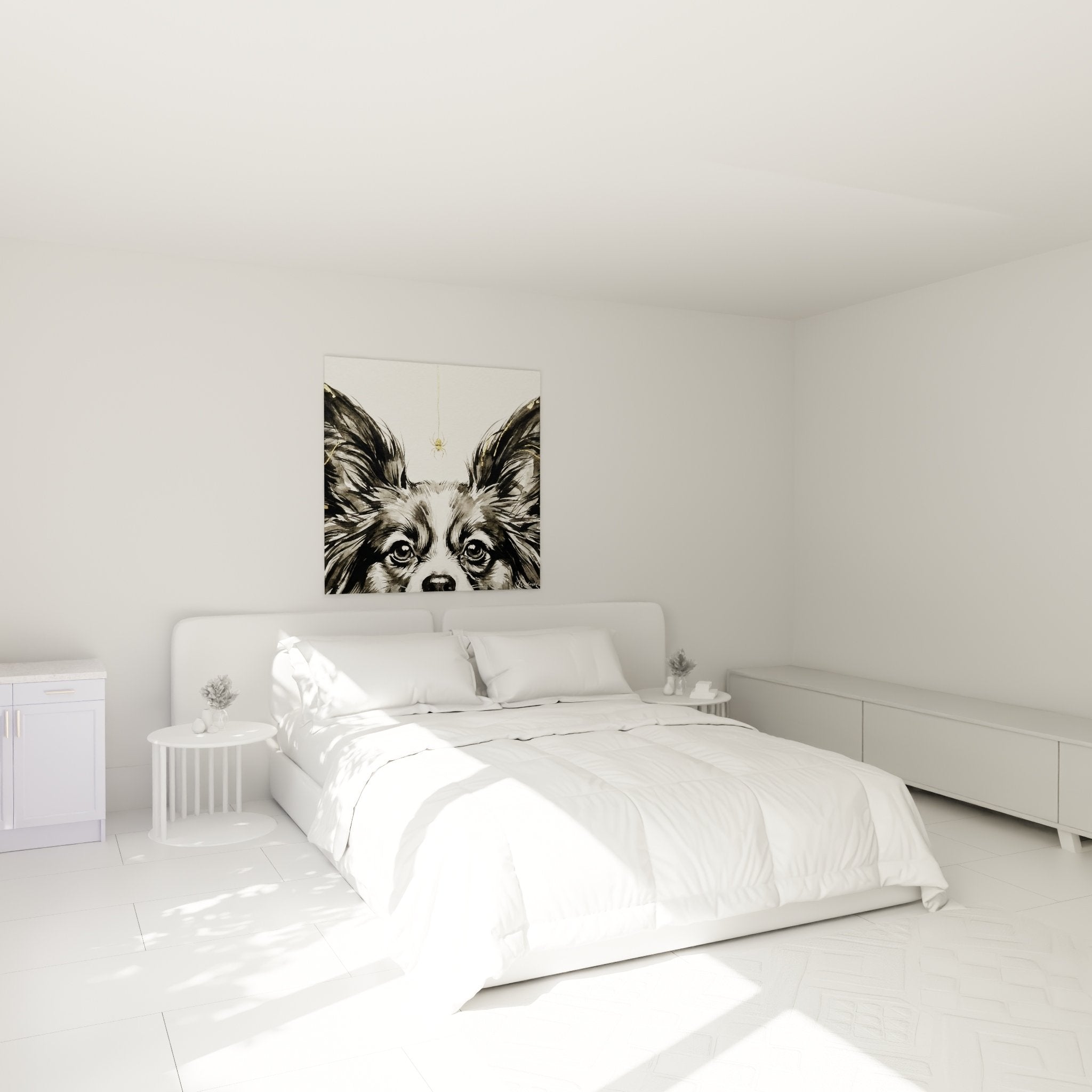 Dog butterfly painting with perked ears hanging in bedroom elegant wall decoration