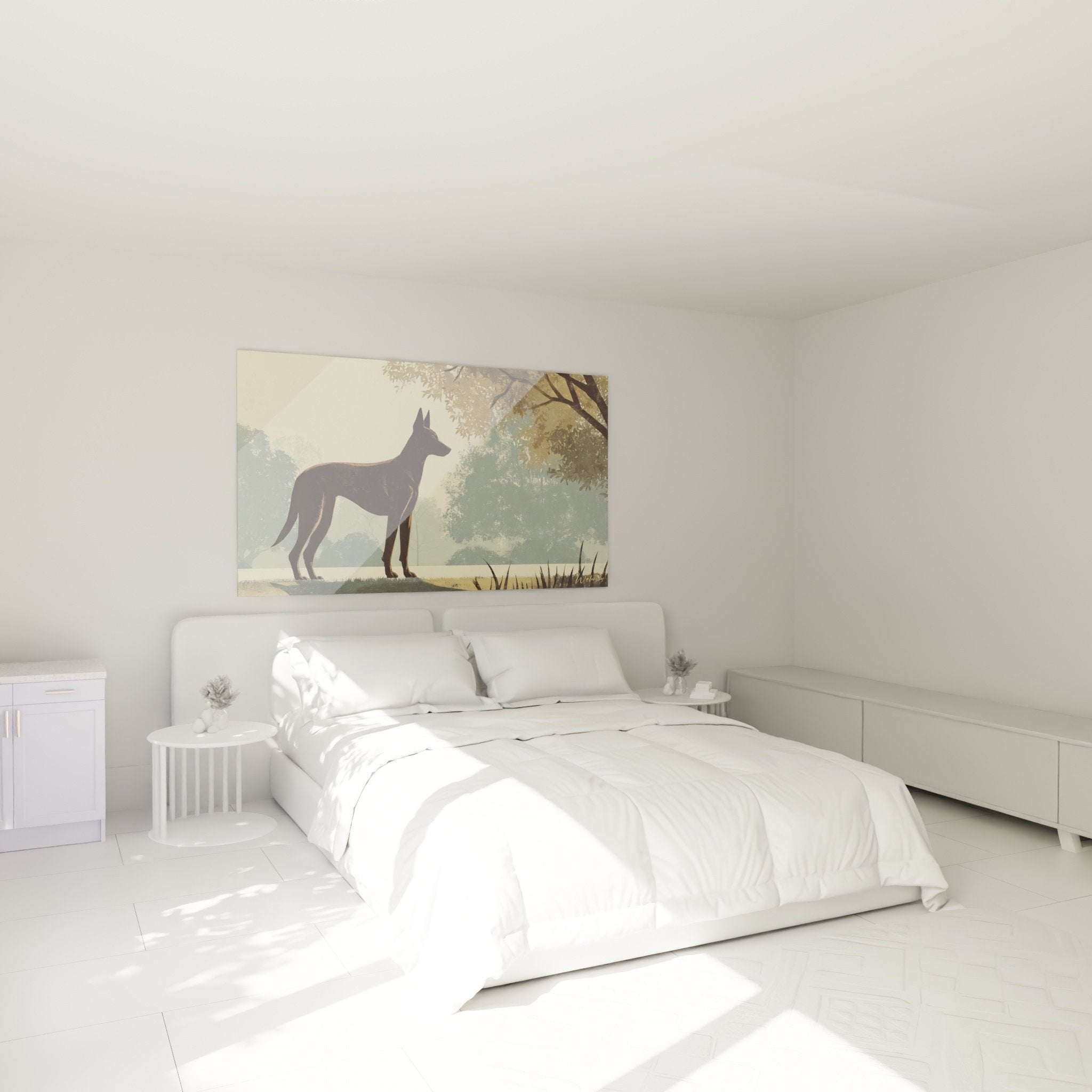 Tableau chien silhouette brume matinale decoration chambre ambiance sereine tons beiges doux