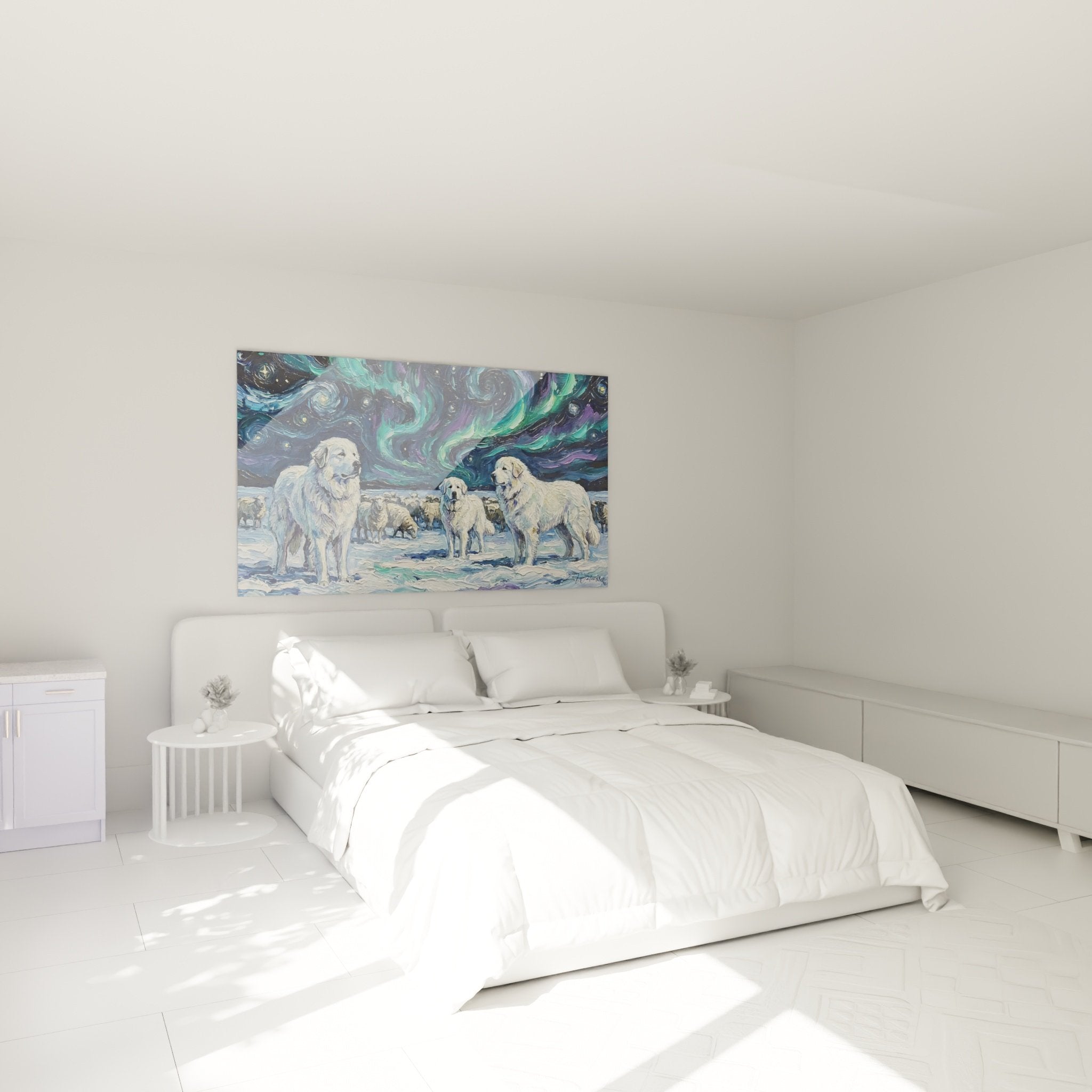 Hirtenlandschaft mit Hunden, wirbelndem Himmel, dekoriert modernes Schlafzimmer, beruhigende Atmosphäre, Blau- und Grüntöne
