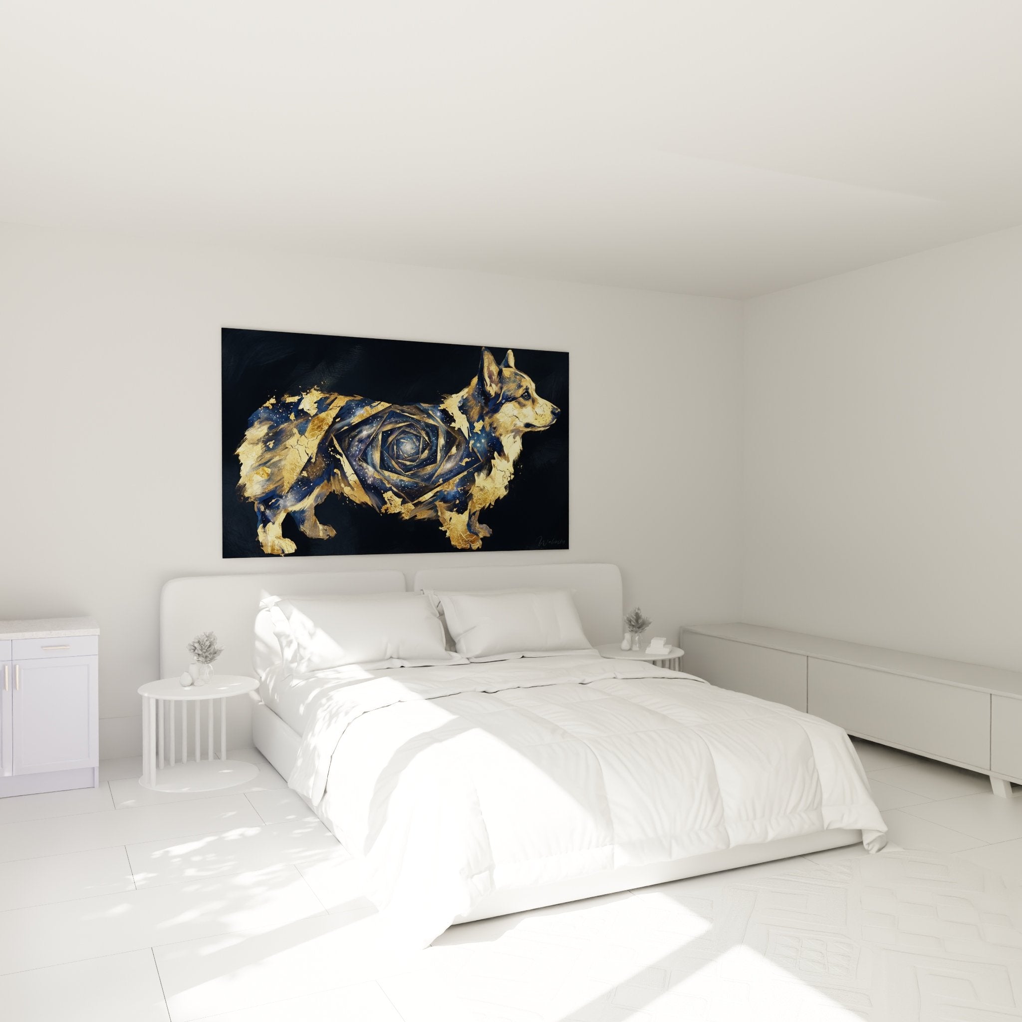 Wanddekoration Galaktischer vergoldeter Corgi in modernem Schlafzimmer mit sophistizierter nächtlicher Atmosphäre