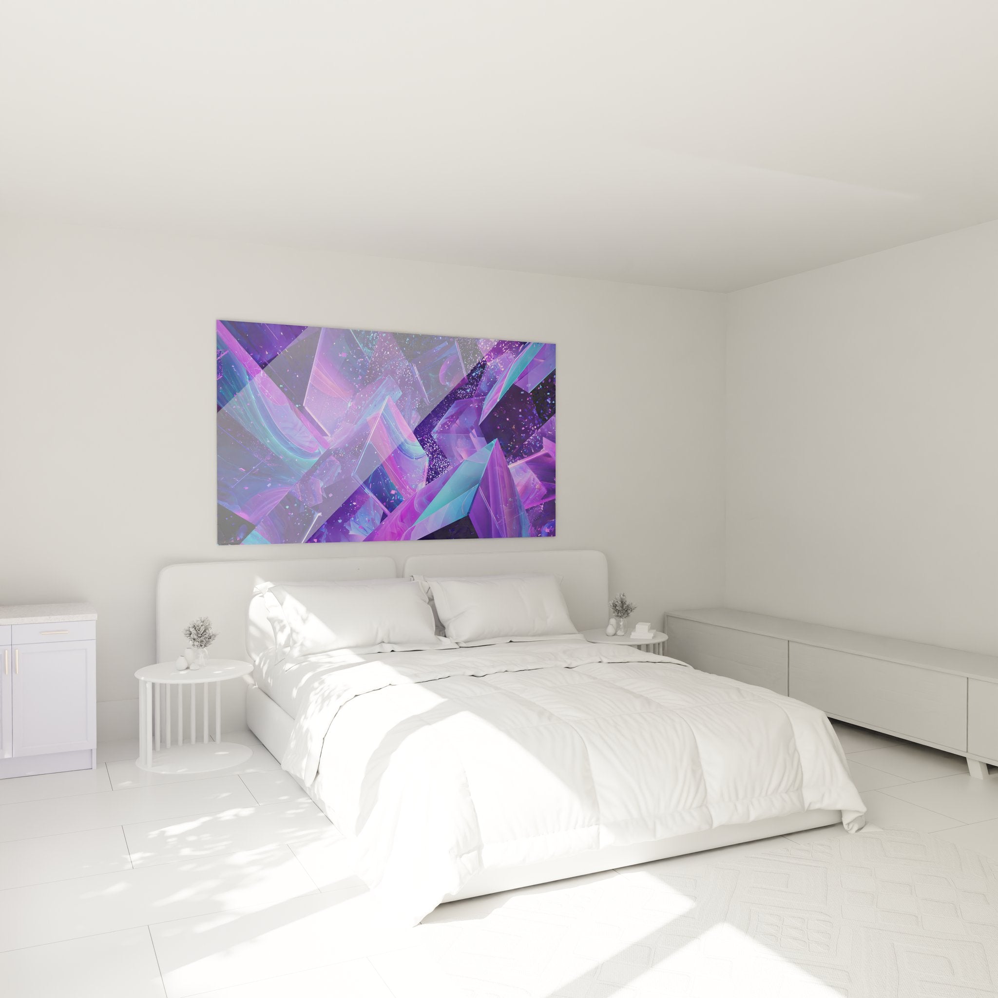 Décoration chambre tableau cristaux futuristes violets, ambiance moderne avec art mural géométrique abstrait