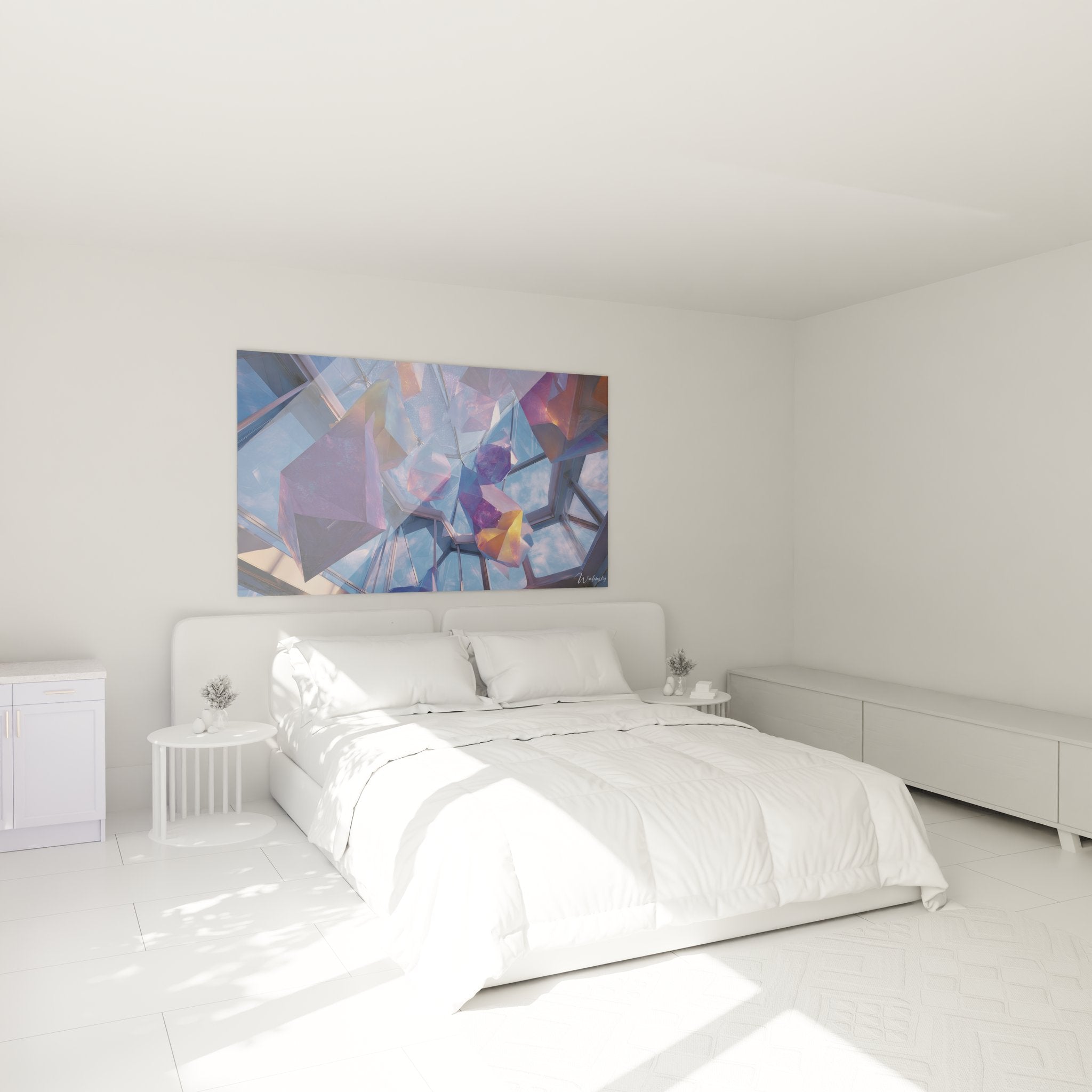 Décoration chambre avec tableau cristaux géométriques architecturaux aux reflets lumineux
