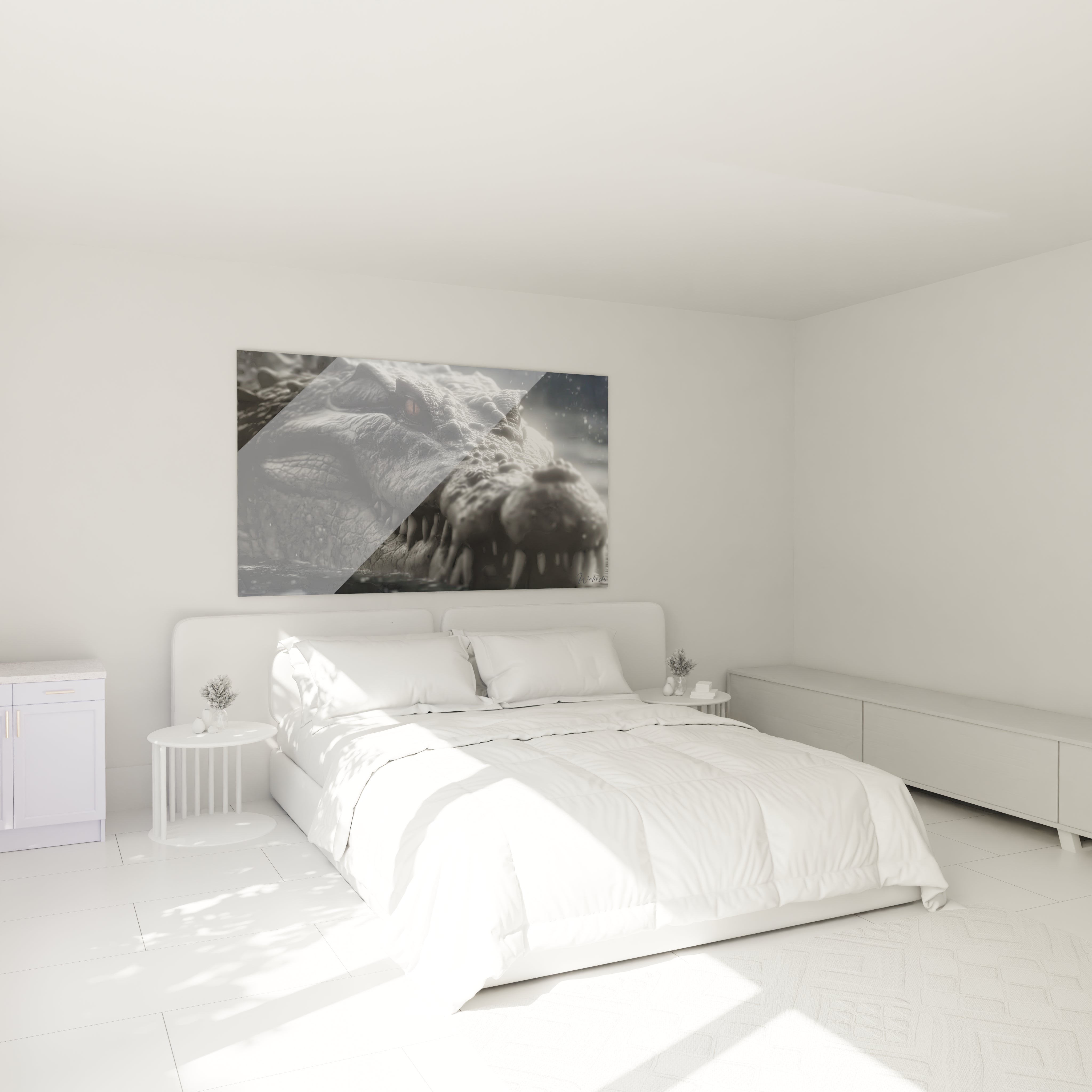 Décoration chambre tableau crocodile préhistorique Kaprosuchus ambiance mystérieuse noir blanc