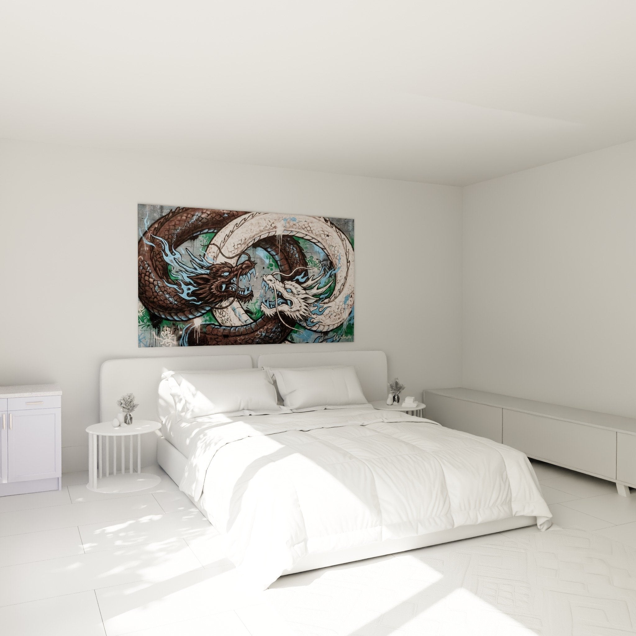 tableau dragons yin yang tons naturels decoration chambre ambiance zen equilibre mystique