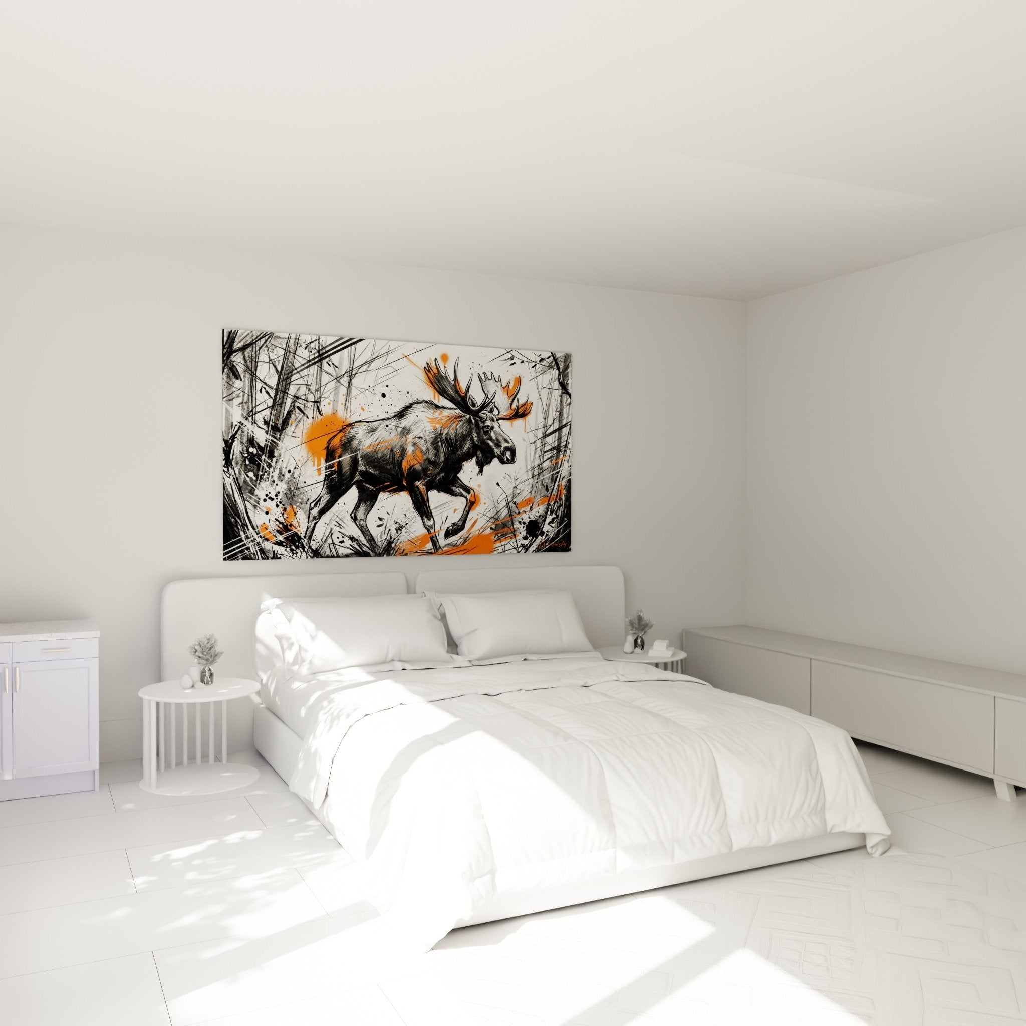 Schlafzimmerdekoration mit modernem Elch-Wandbild in Orange und Schwarz, das eine dynamische und naturnahe Atmosphäre schafft
