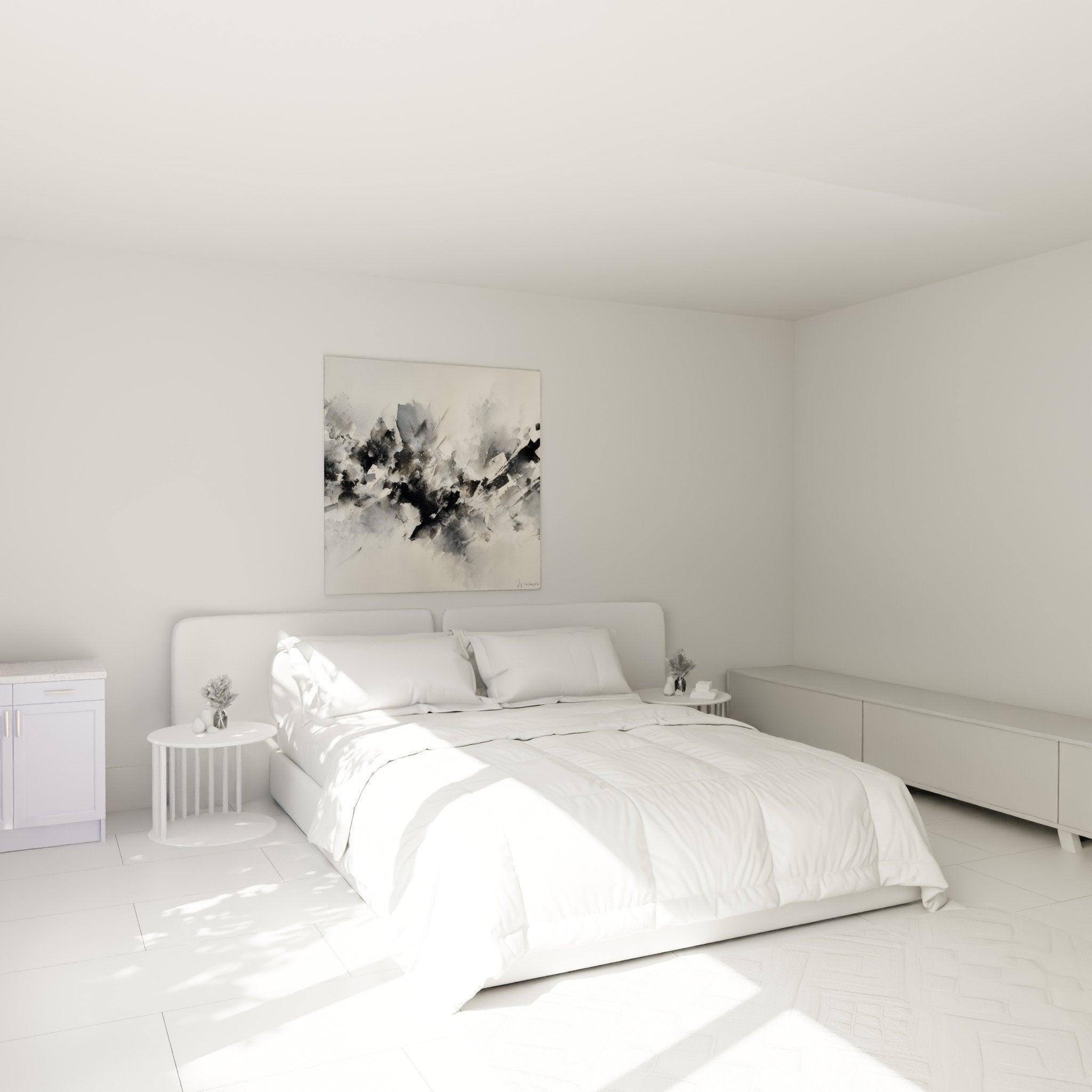 Abstract bedroom wall art metallic explosion gray black contemporary ambiance