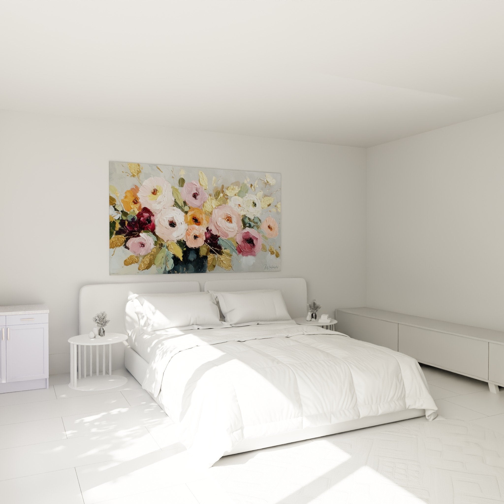 Décoration murale florale dans chambre, tableau roses et or, ambiance feng shui sud-ouest terre apaisante
