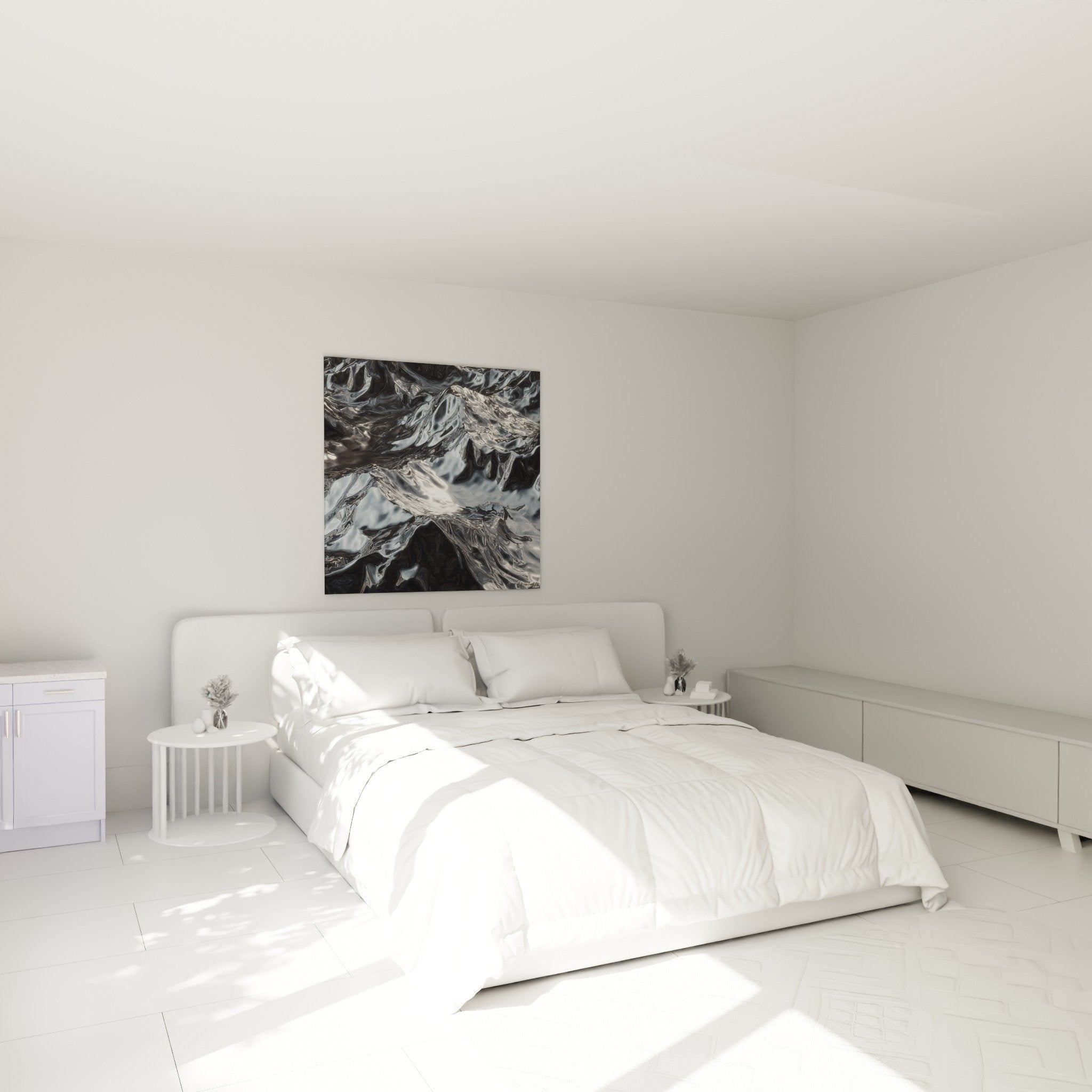 Schlafzimmer Dekoration Gemälde silberne Flüssigkeiten metallische Reflexe zeitgenössische Atmosphäre