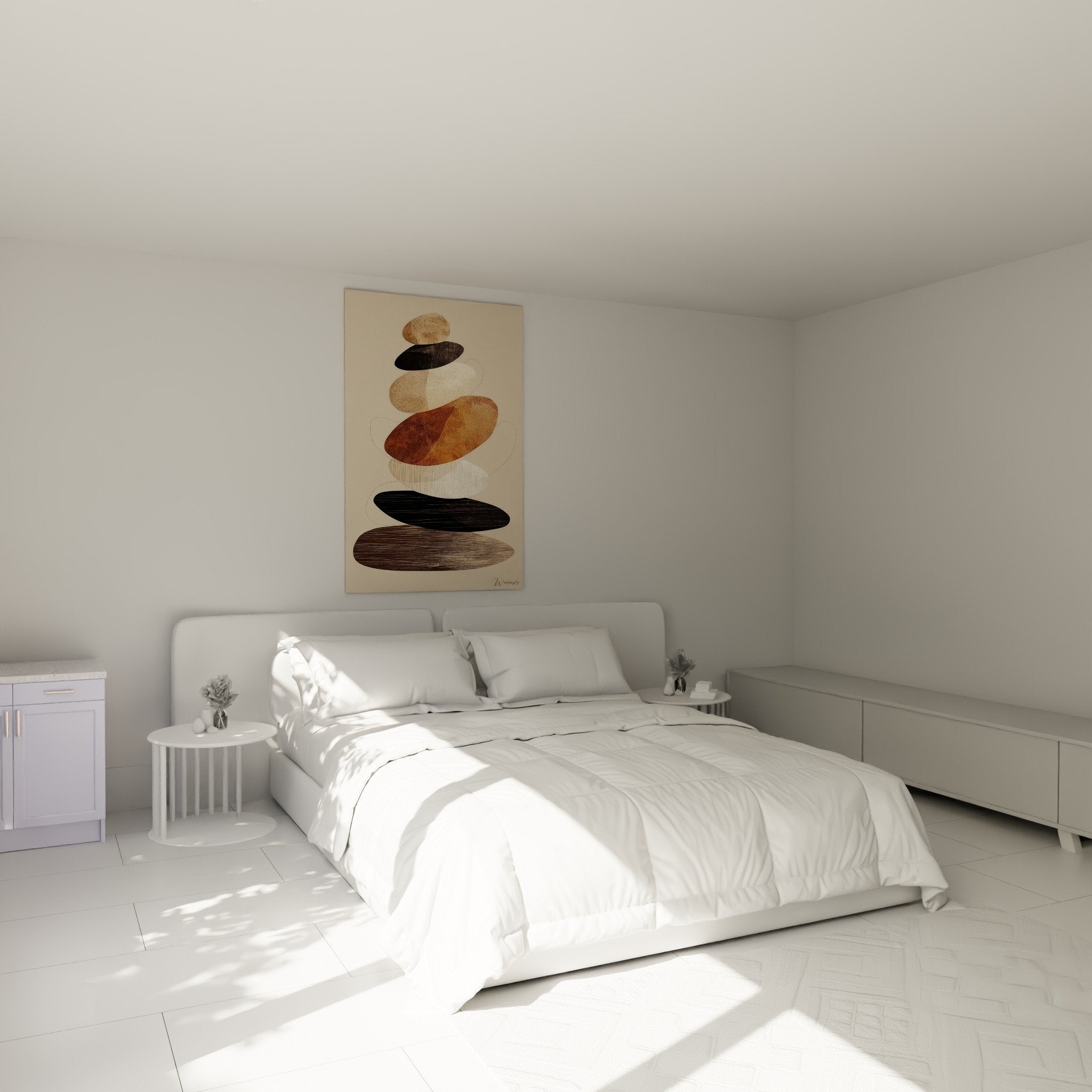 Schlafzimmer Dekoration Gemälde gestapelte Kieselsteine Erdtöne zen Feng Shui Gleichgewicht Mineral Atmosphäre