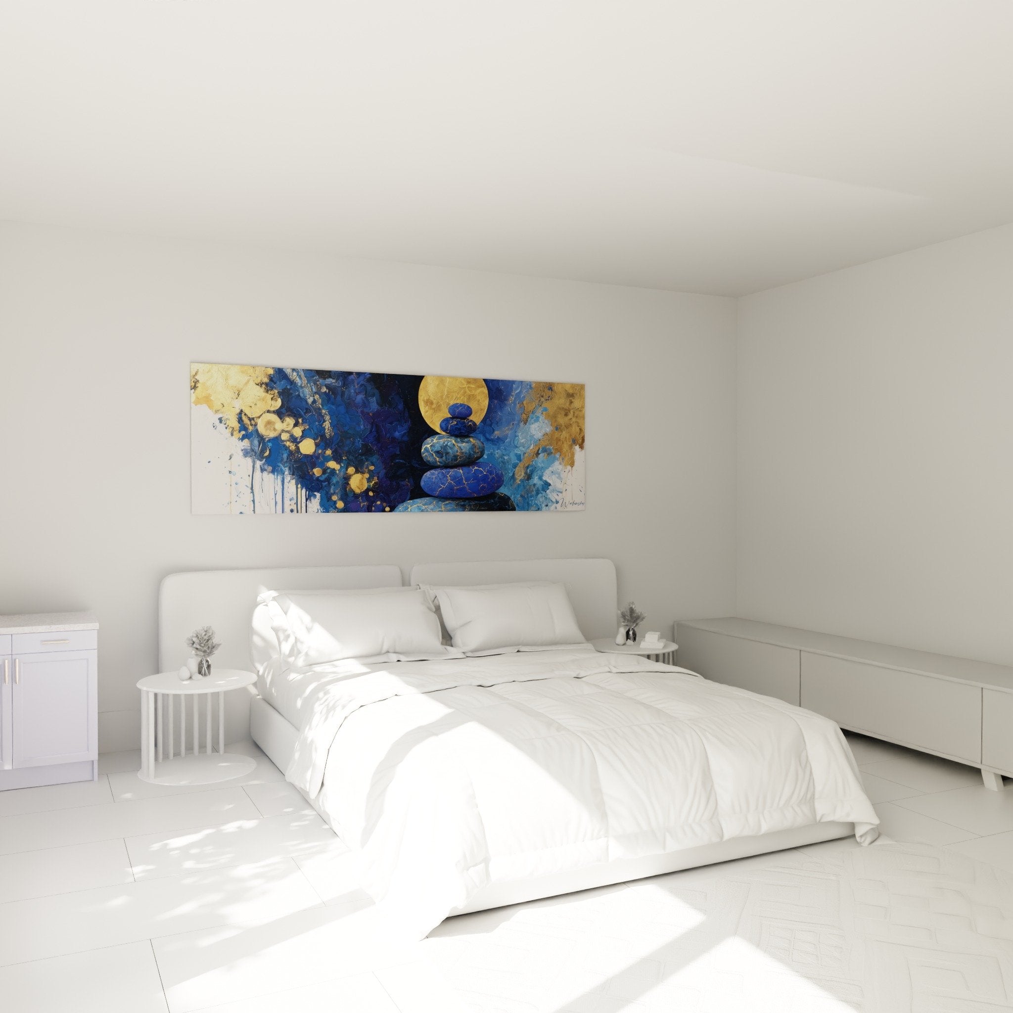 Décoration chambre tableau galets zen bleu doré ambiance apaisante feng shui nord eau