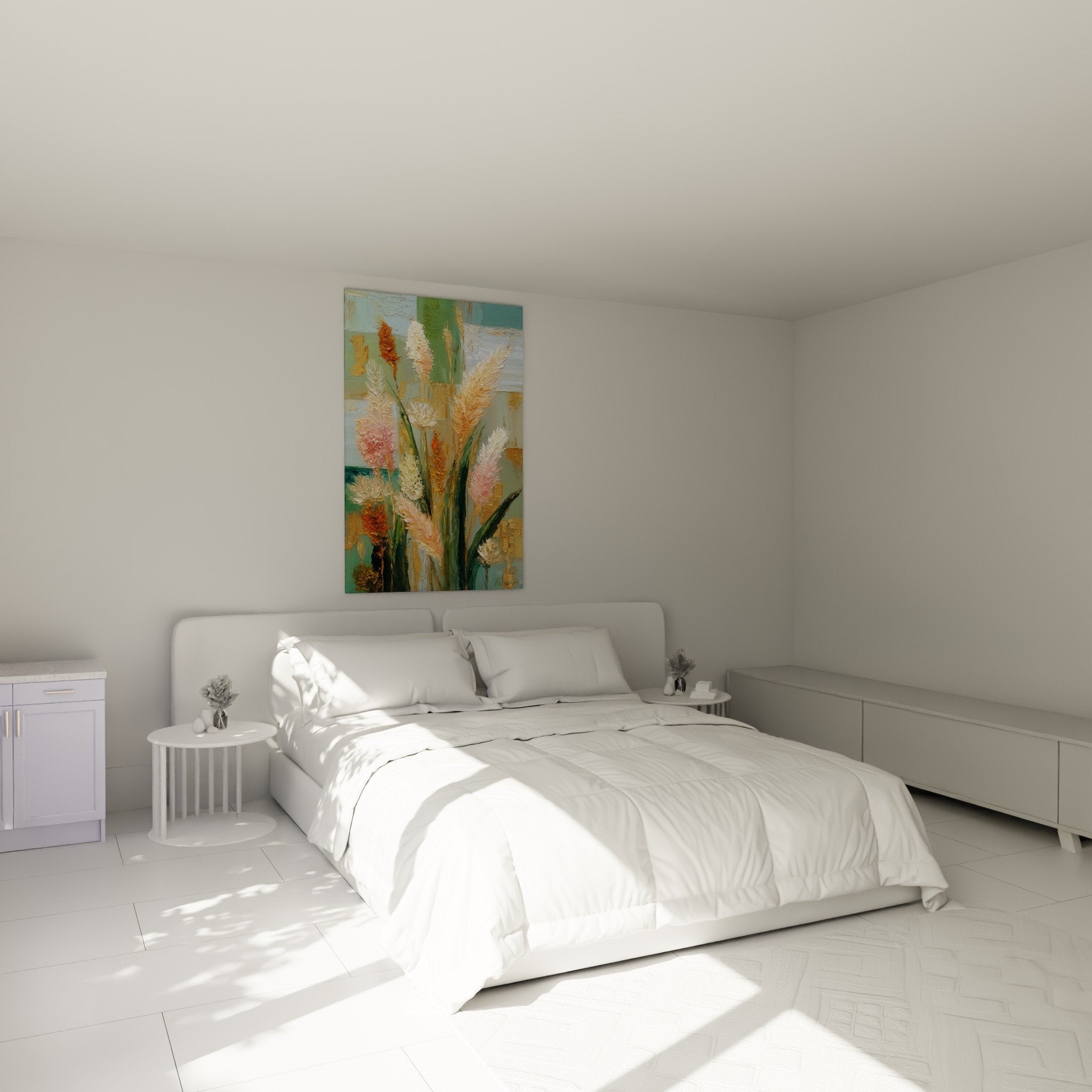 Bedroom decoration with colorful grasses painting, natural and soothing atmosphere, golden and pink ears of grain