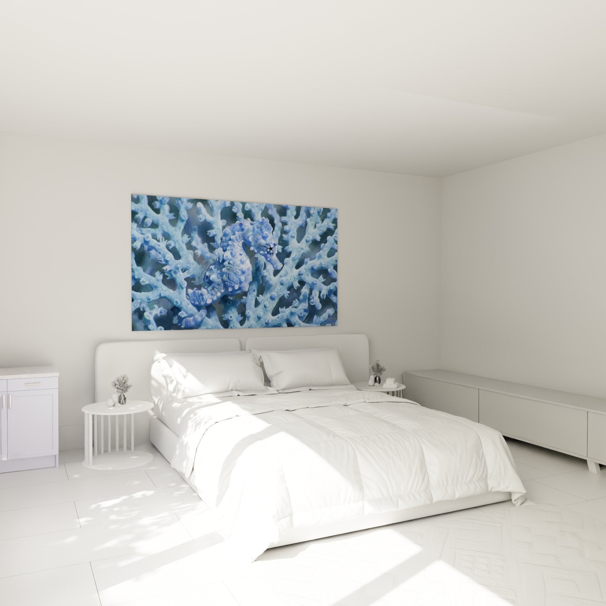 Tableau hippocampe bleu coraux chambre decoration murale marine edition hippocampe ambiance apaisante