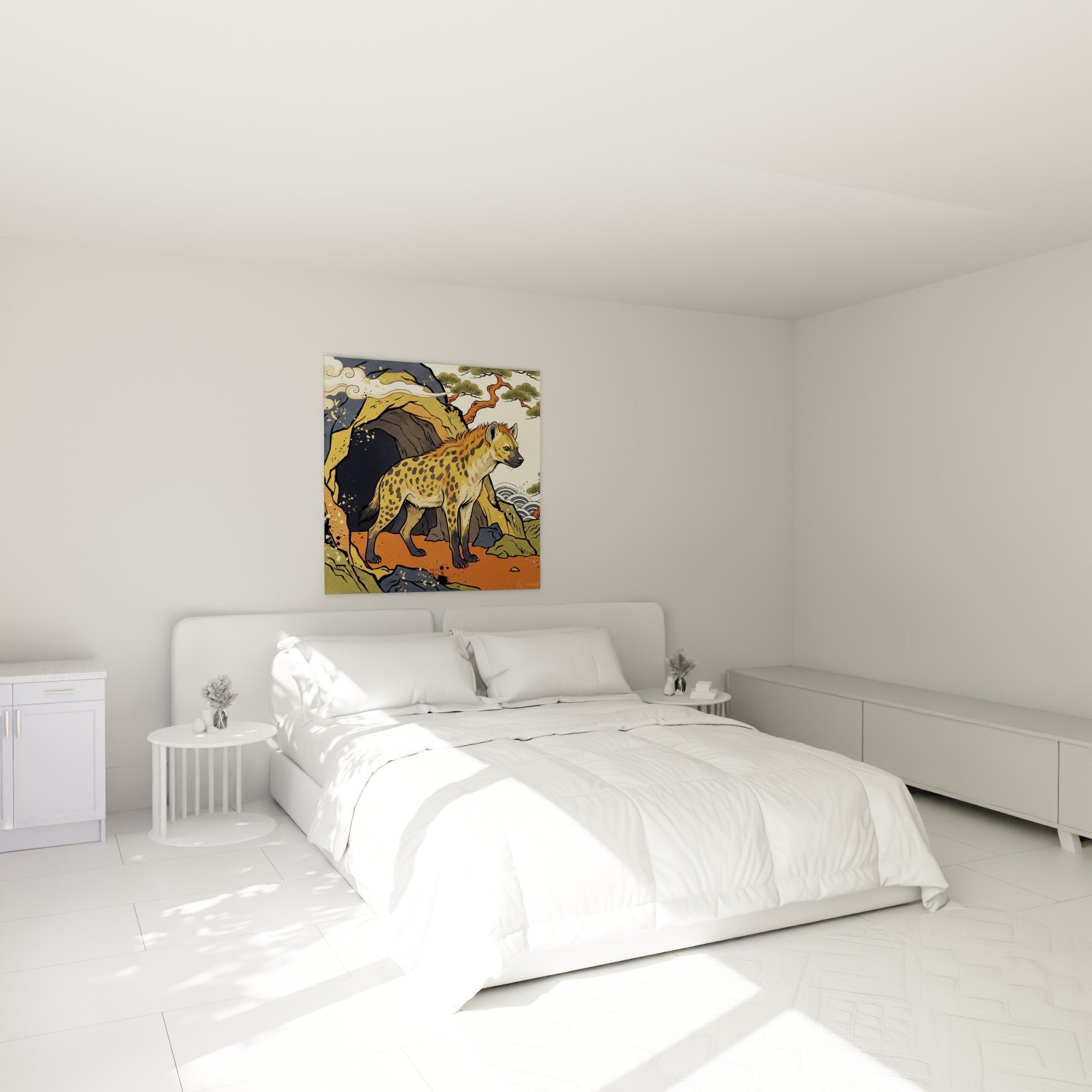 Hyänenbild im japanischen Stil, das ein Schlafzimmer in warmen Tönen dekoriert, mit schicker und natürlicher Safari-Atmosphäre