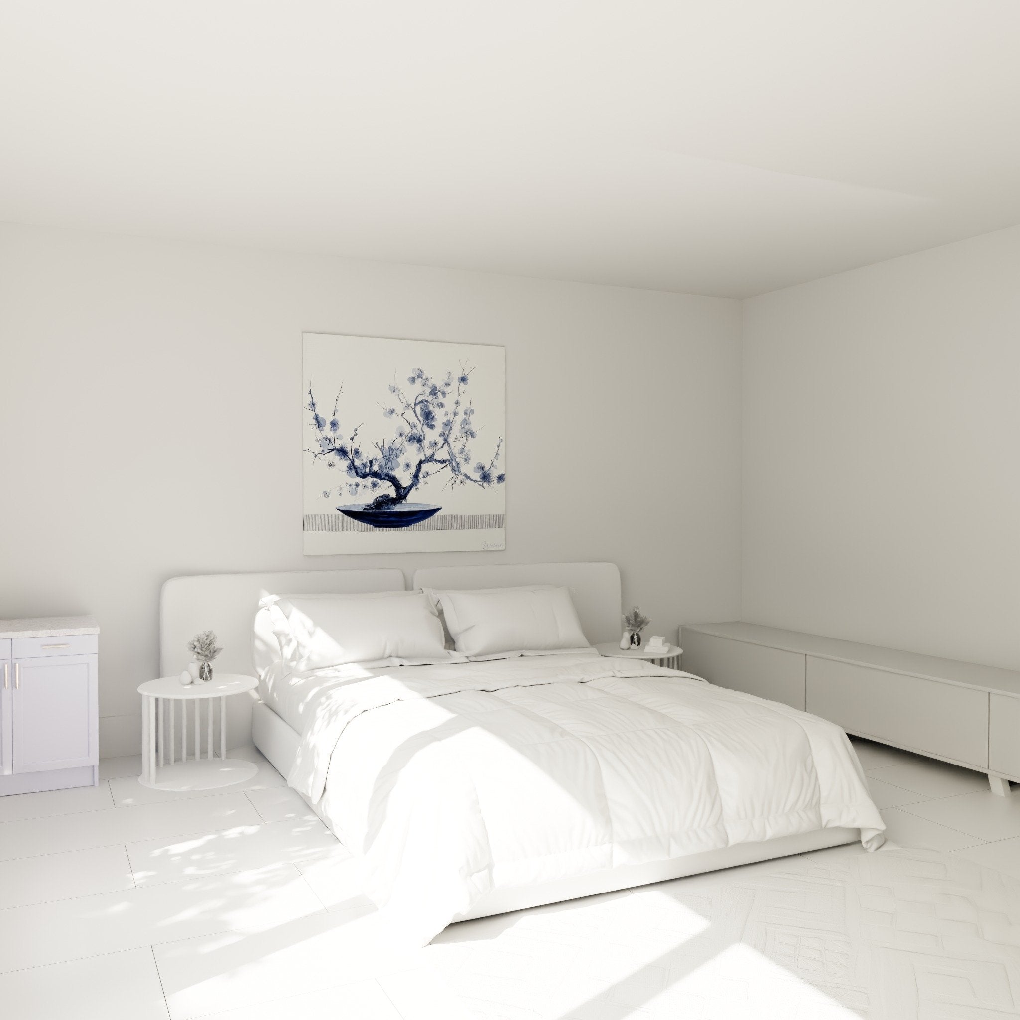 Ikebana wall decoration bedroom flowering branch blue vase peaceful Japanese zen atmosphere