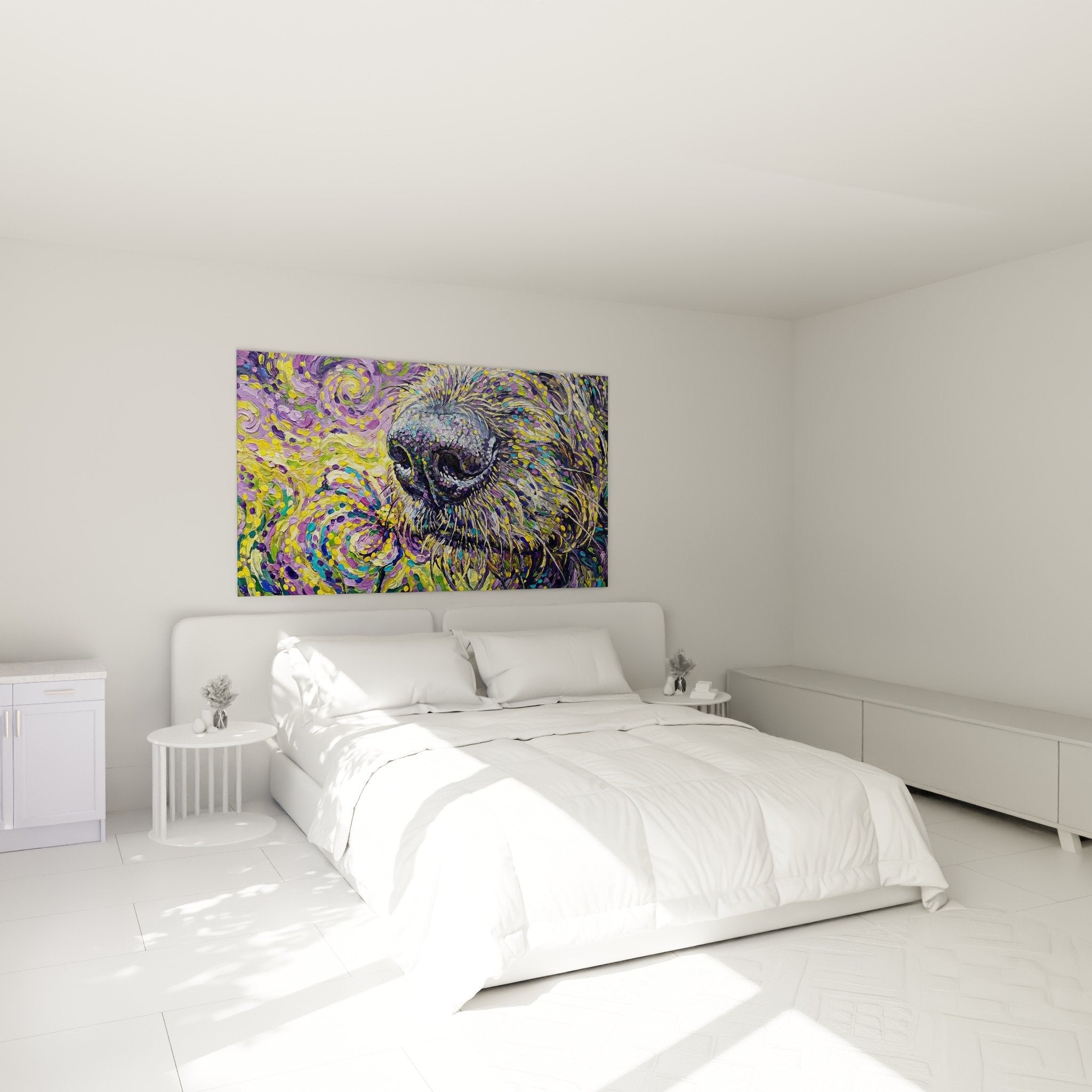 Tableau Irish Wolfhound tons violets dorés décorant chambre moderne murs clairs ambiance raffinée