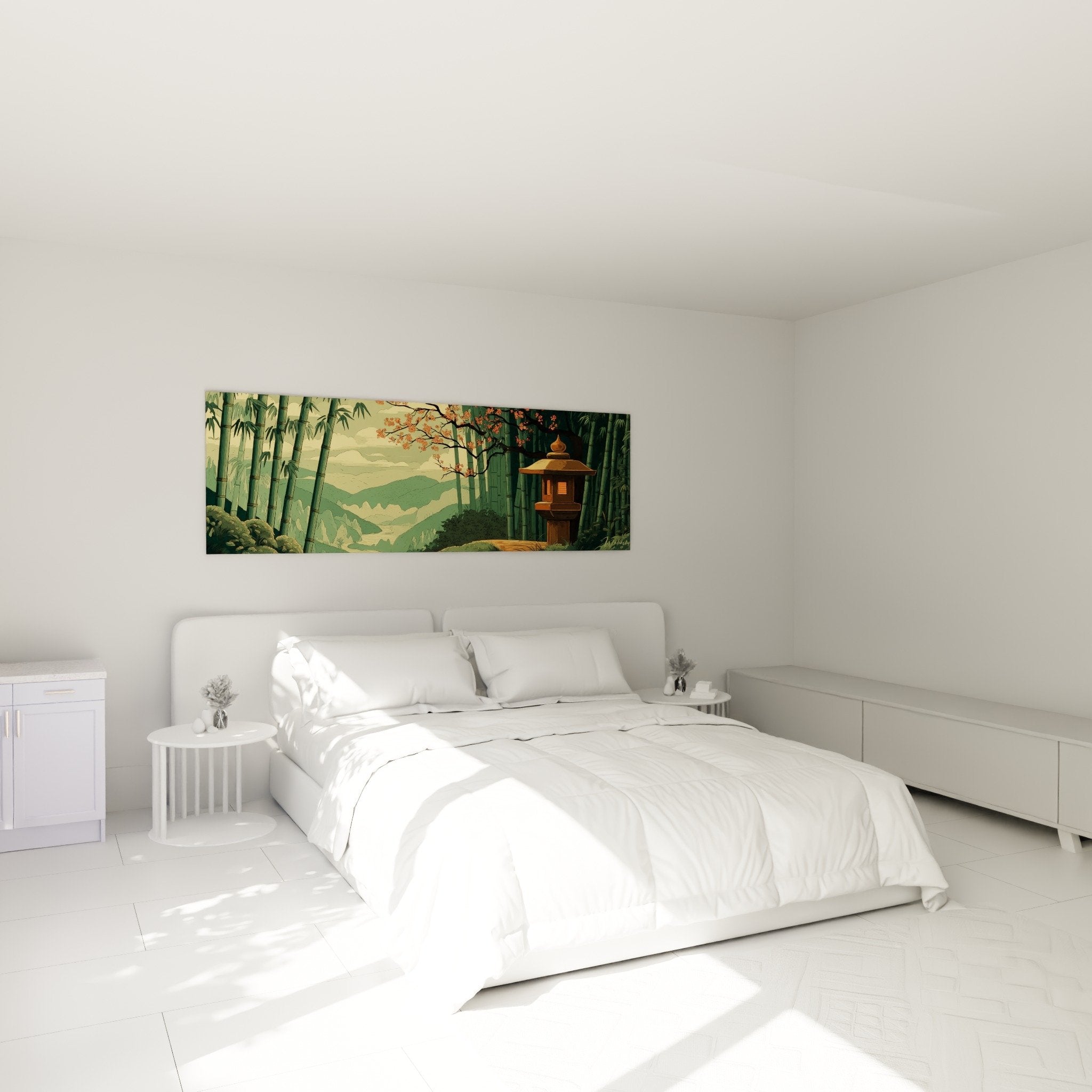 Tableau lanterne asiatique bambous chambre decoration zen paysage montagneux tons chauds