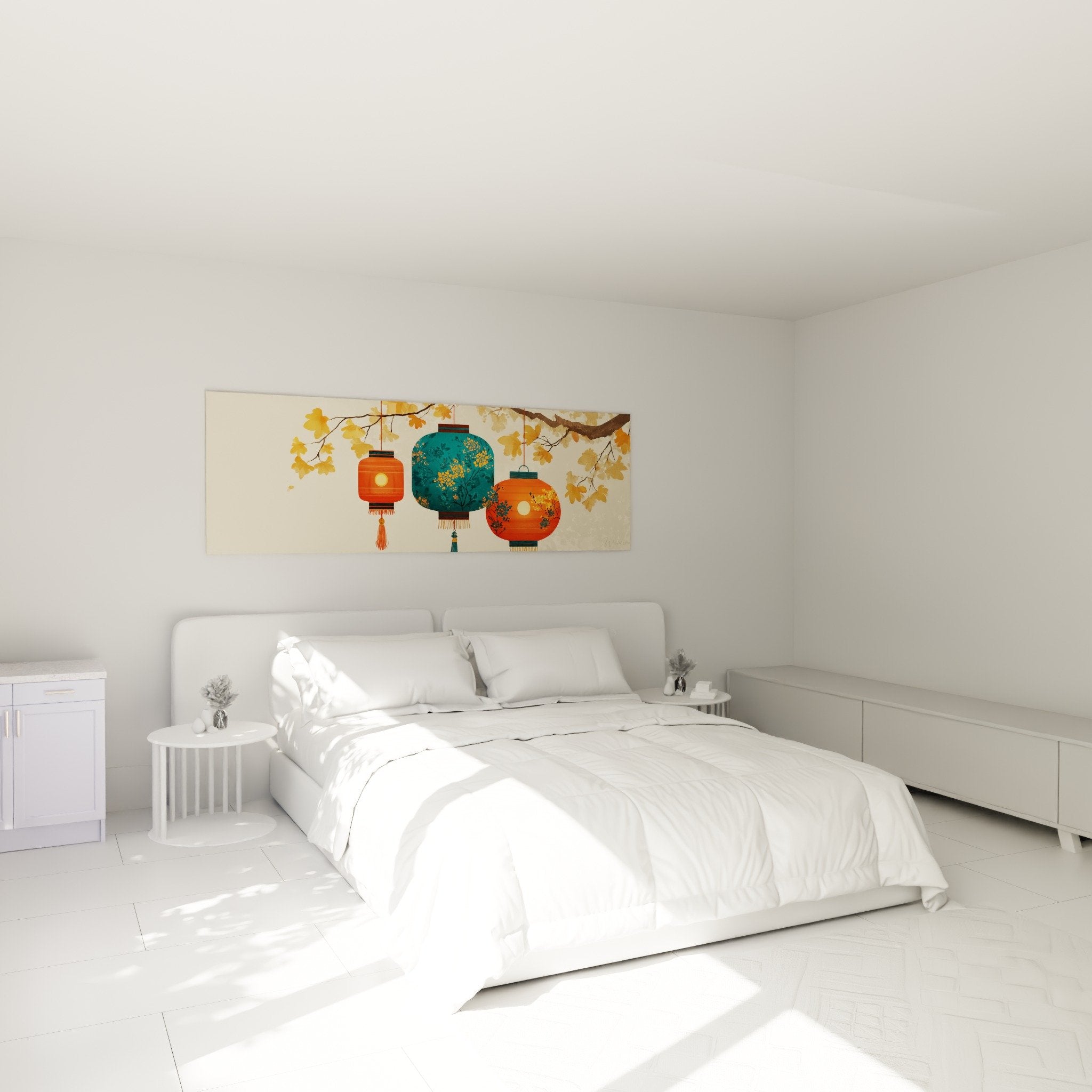 Décoration chambre tableau lanternes asiatiques colorées orange turquoise motifs floraux dorés