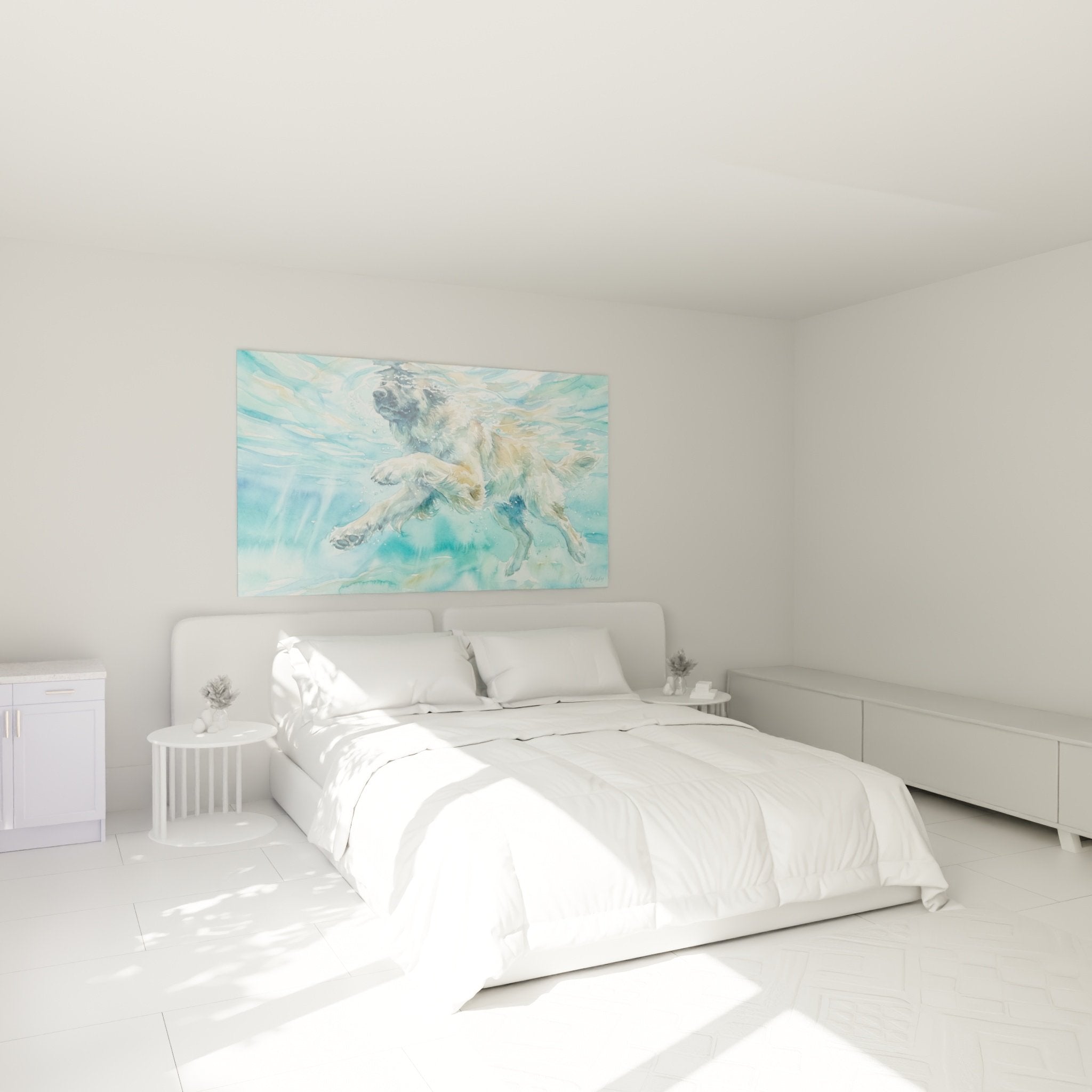 Décoration murale chambre avec tableau Leonberg aquatique, ambiance apaisante tons bleus et beiges