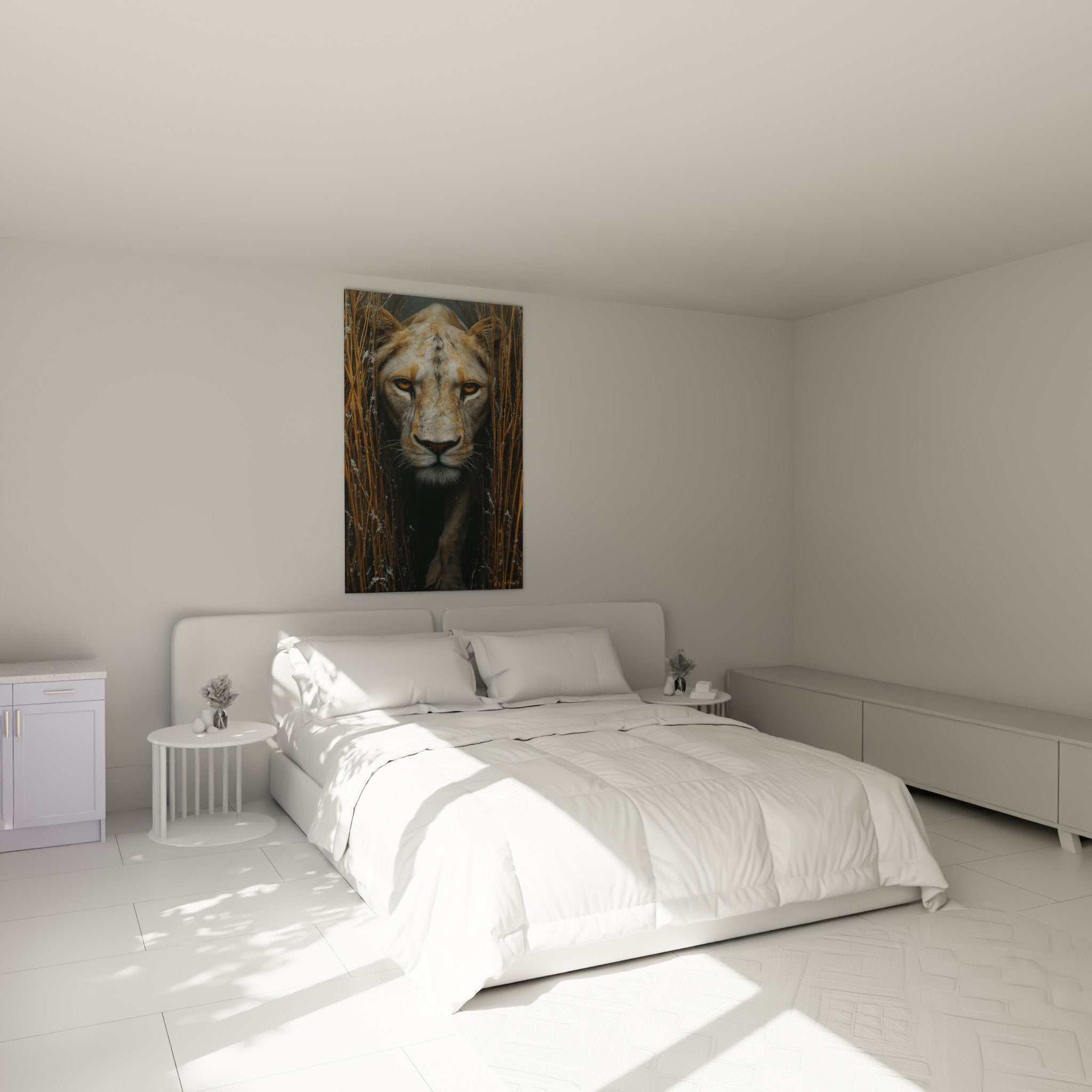 Bedroom decoration with wild lioness wall art - Natural and soothing golden tones