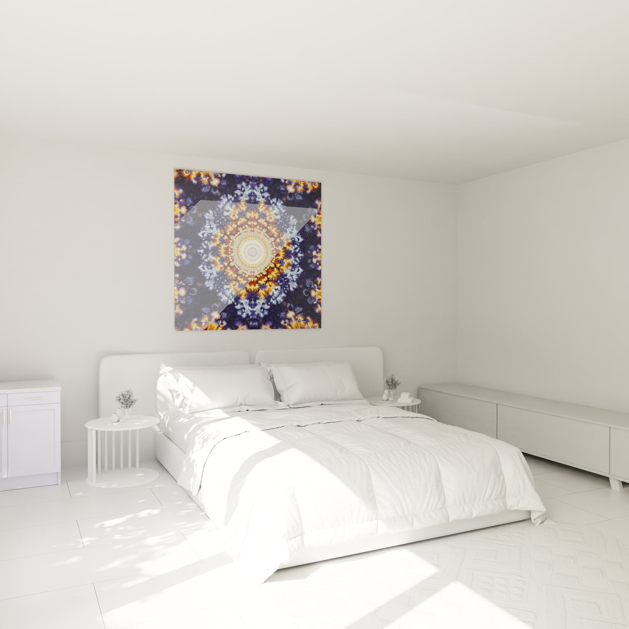 Décoration chambre avec tableau mandala fractale aux tons dorés et bleus apaisants