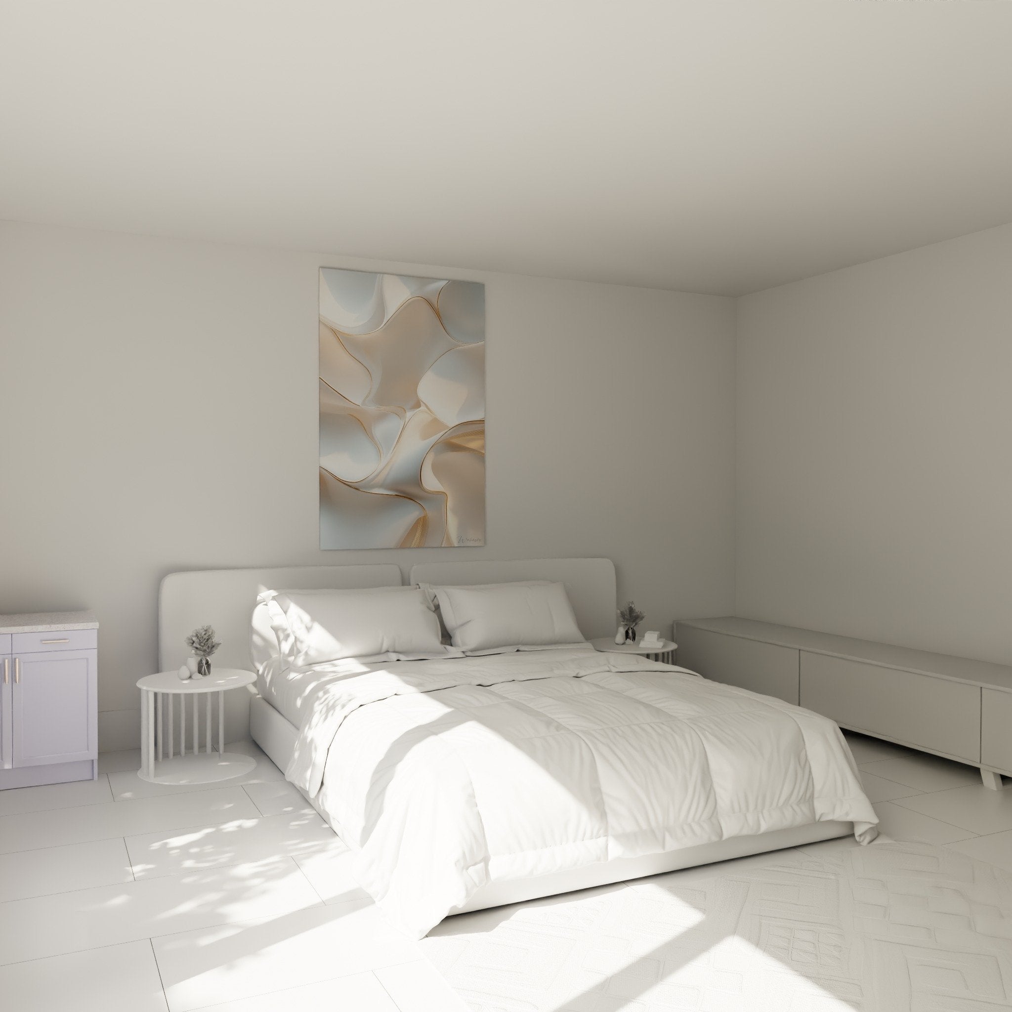 Décoration chambre avec tableau marbre abstrait blanc doré aux formes organiques au-dessus du lit